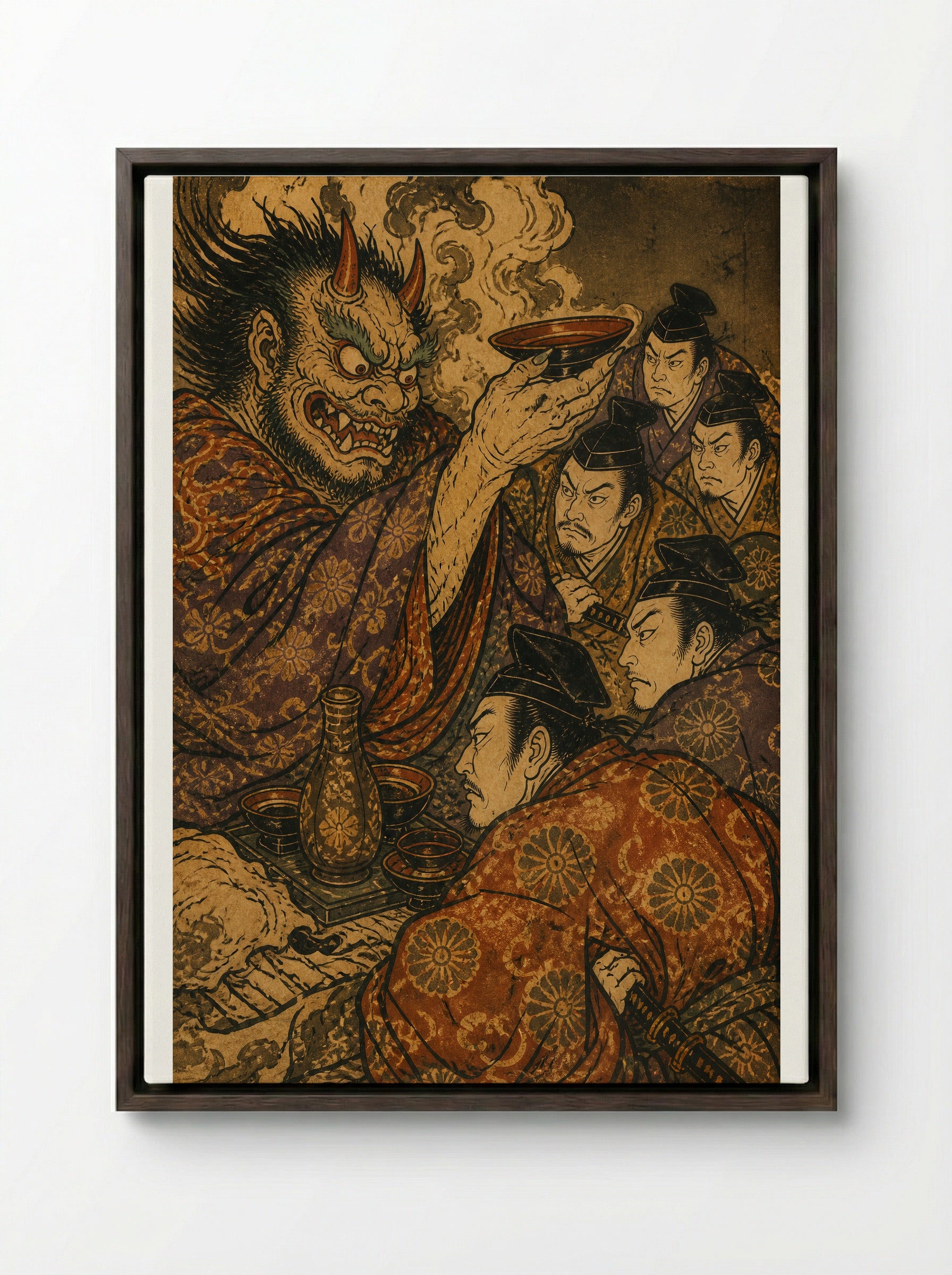 Shuten-doji at Mount Oe: The Sacred Sake - Framed Canvas Dark Wood