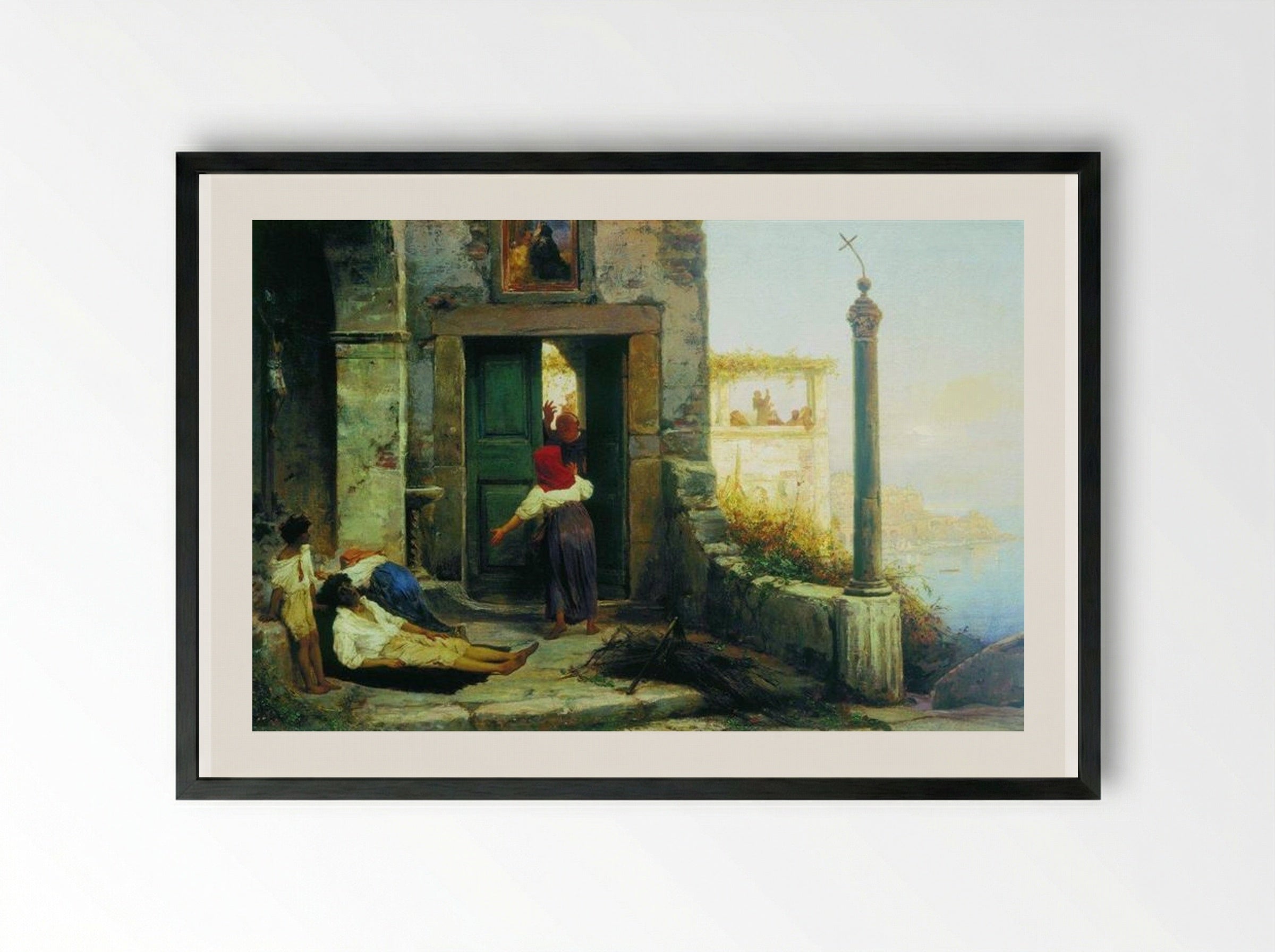 Sick man at the walls of a Catholic monastery - Fyodor Bronnikov - Framed Print Black