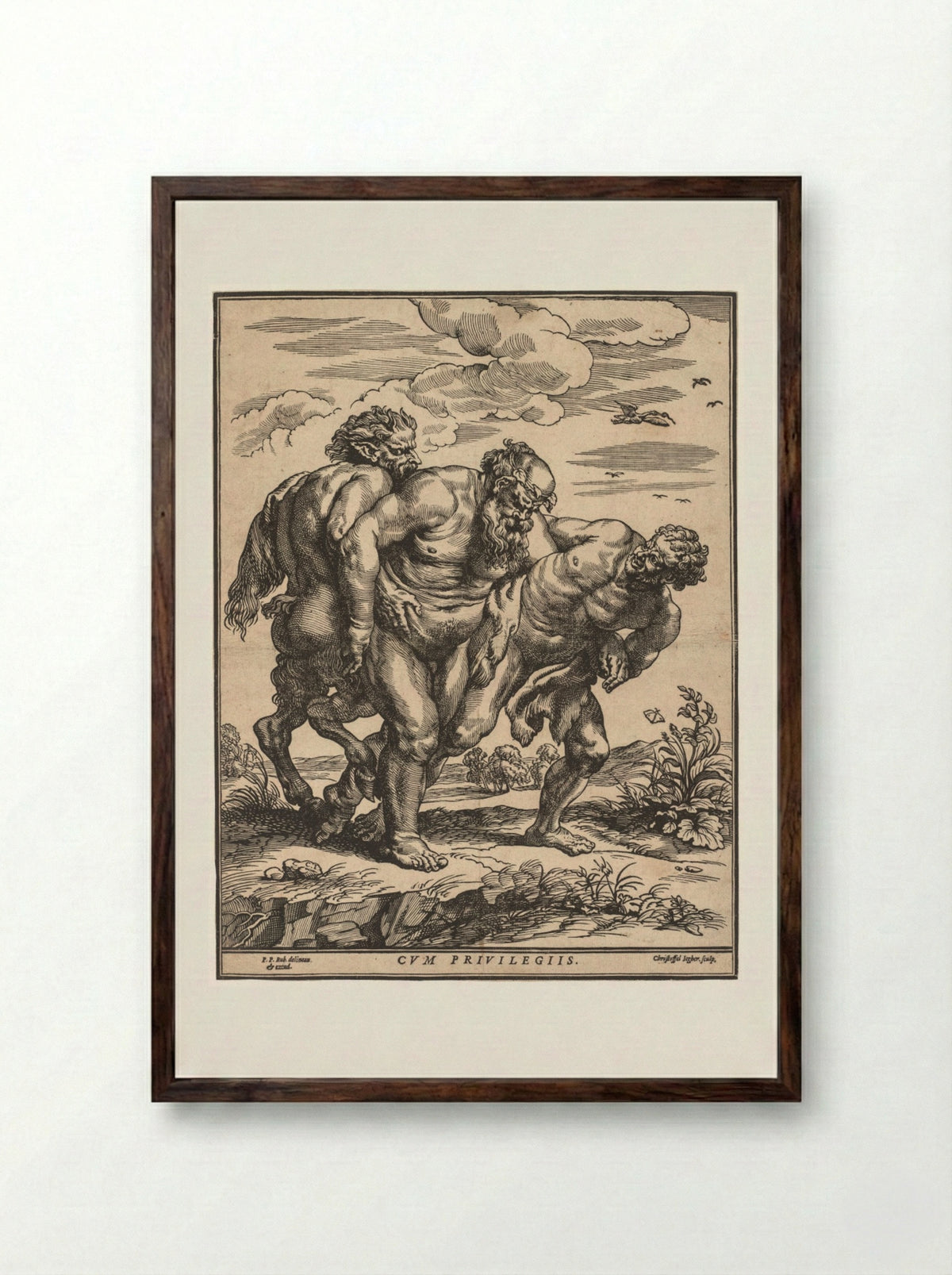 Silenus Accompanied by a Satyr and a Faun - Christoffel Jegher - Framed Print Dark Wood