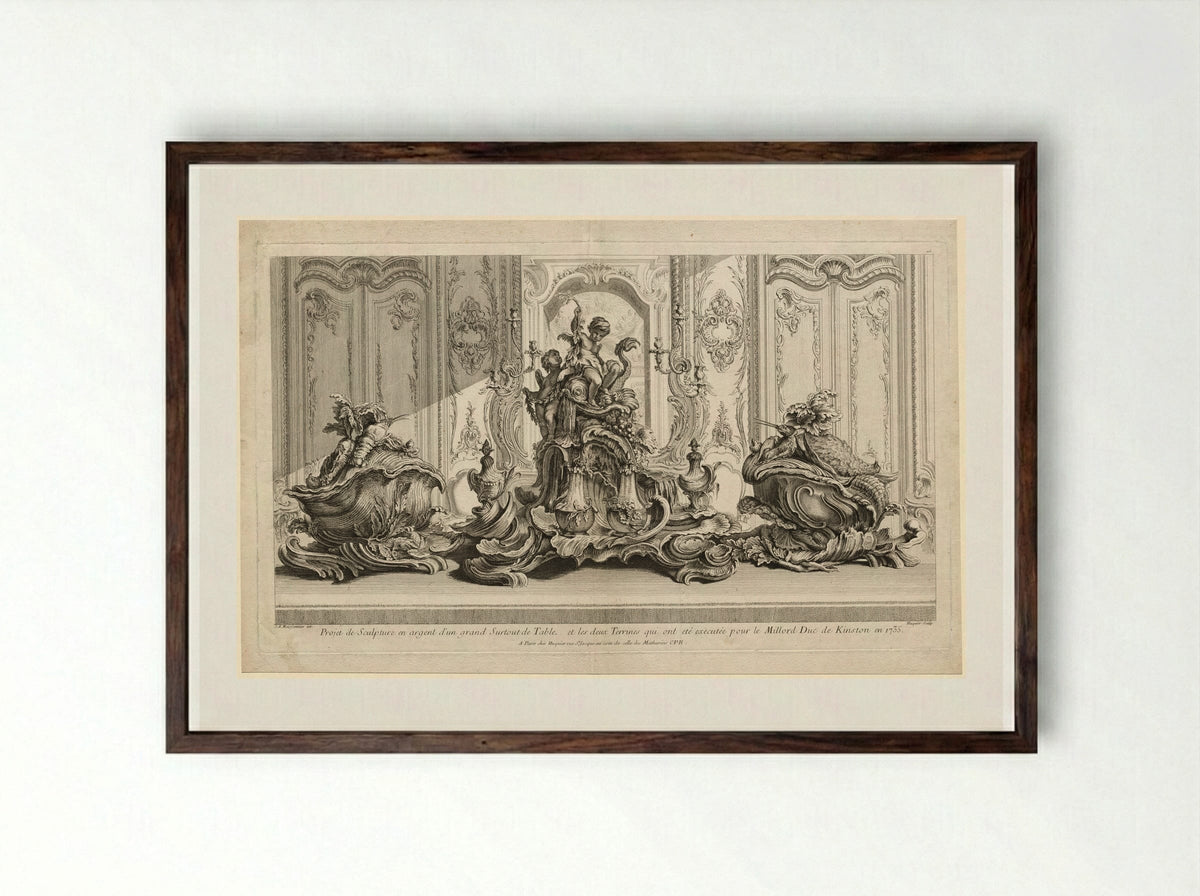 Silver Sculptural Project for a Large Centerpiece and Two Tureens - Gabriel Huquier - Framed Print Dark Wood