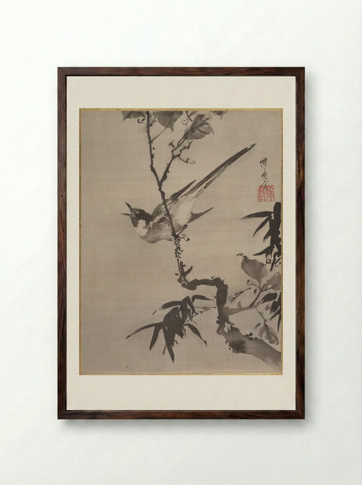 Singing Bird on a Branch - Kawanabe Kyōsai - Framed Print Dark Wood