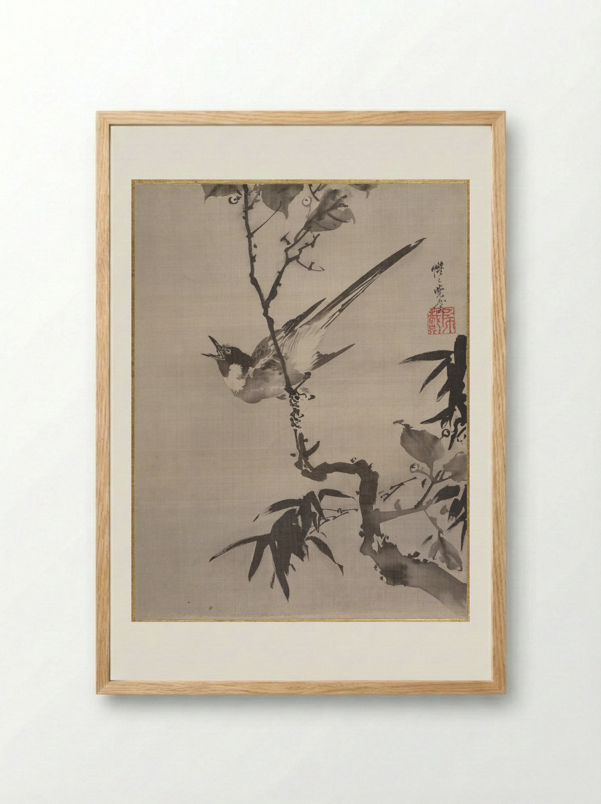 Singing Bird on a Branch - Kawanabe Kyōsai - Framed Print Wood
