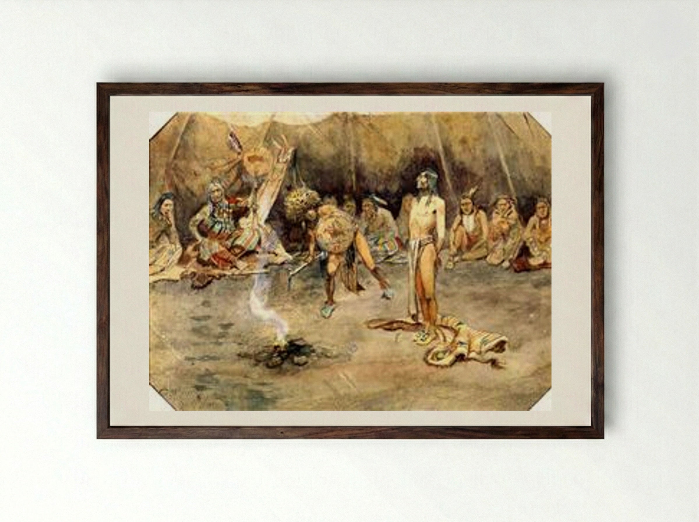 Sioux Torturing a Blackfoot Brave - Charles M. Russell - Framed Print Dark Wood
