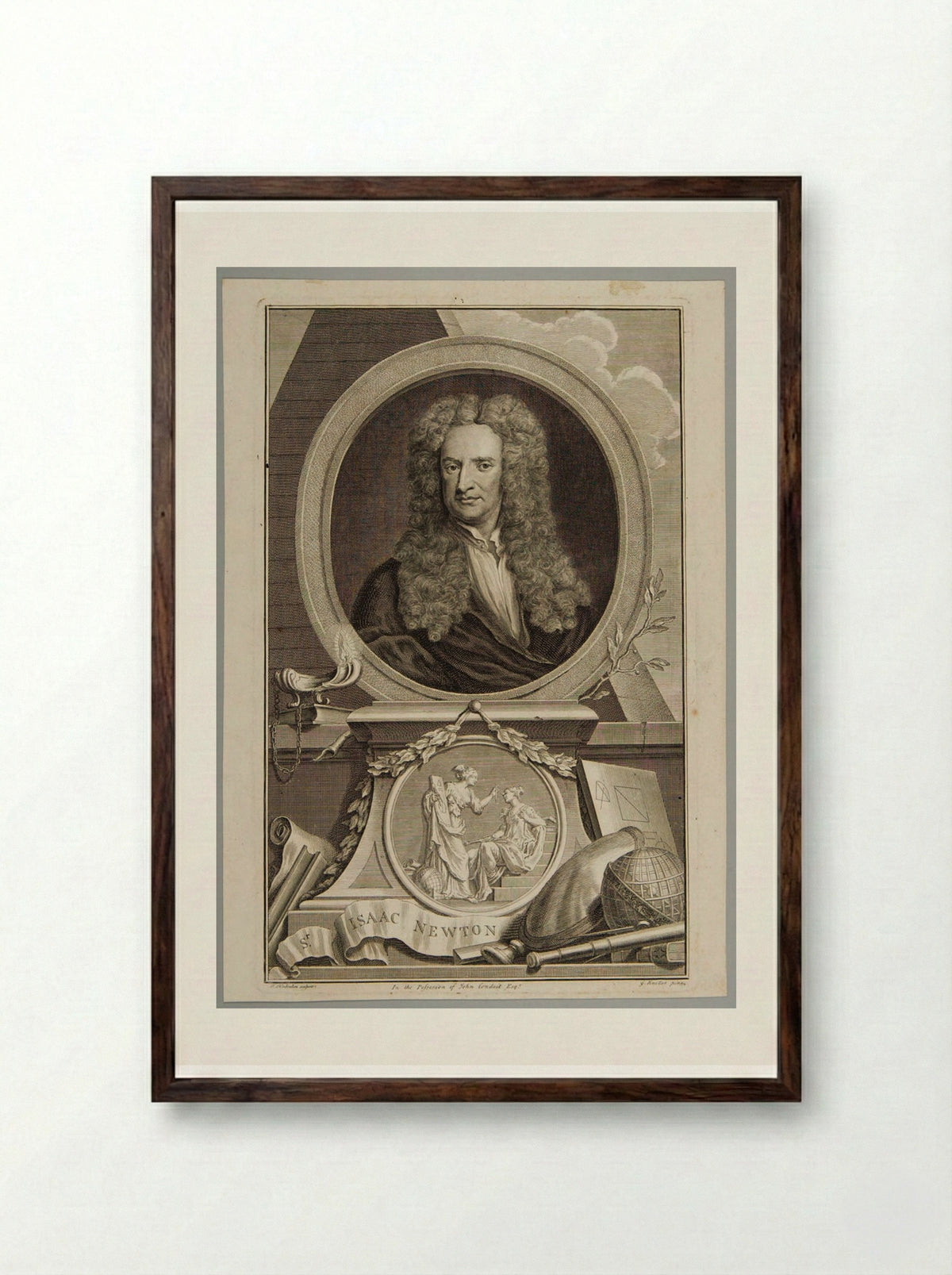 Sir Isaac Newton - Jacobus Houbraken - Framed Print Dark Wood