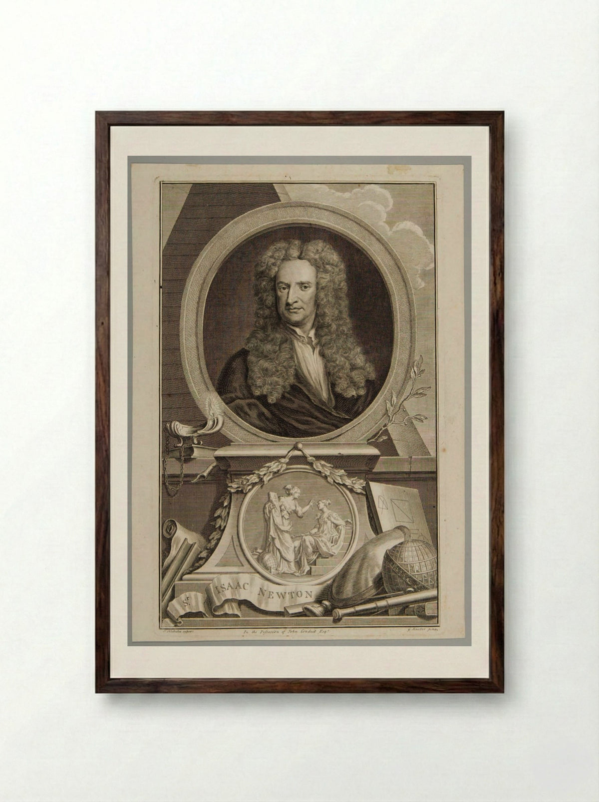 Sir Isaac Newton - Jacobus Houbraken - Framed Print Dark Wood