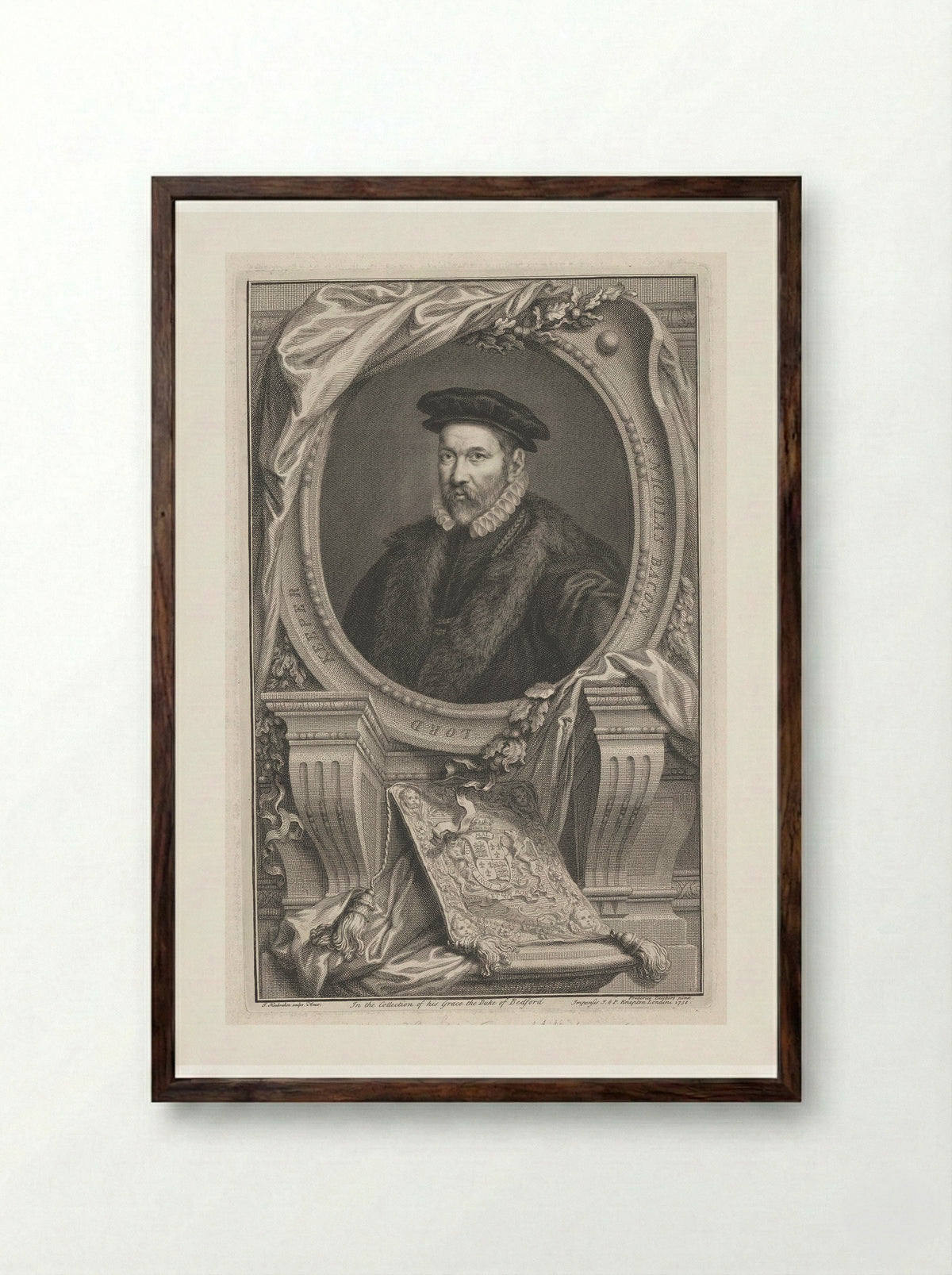 Sir Nicholas Bacon, Lord Keeper - Jacobus Houbraken - Framed Print Dark Wood