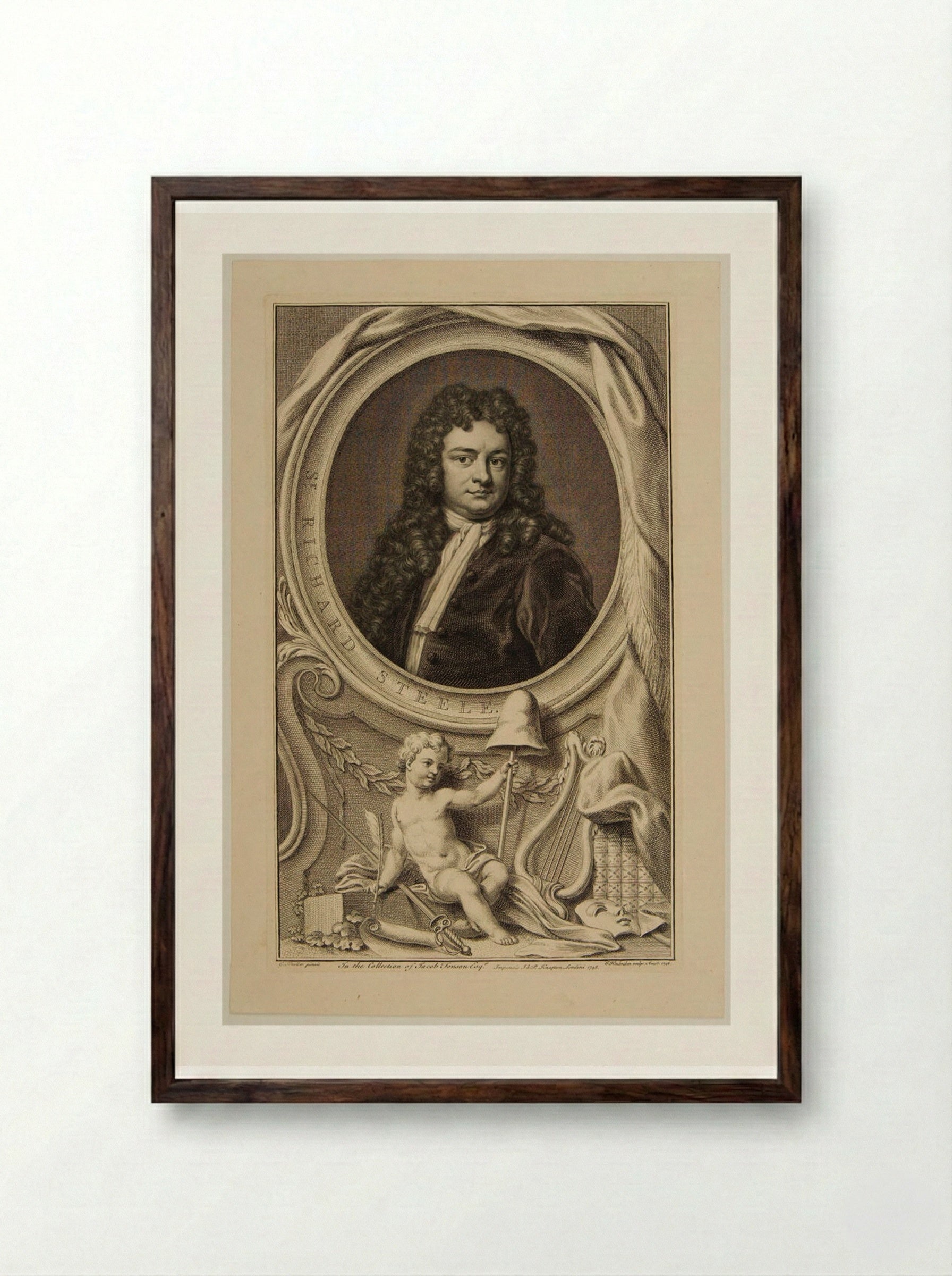 Sir Richard Steele - Jacobus Houbraken - Framed Print Dark Wood