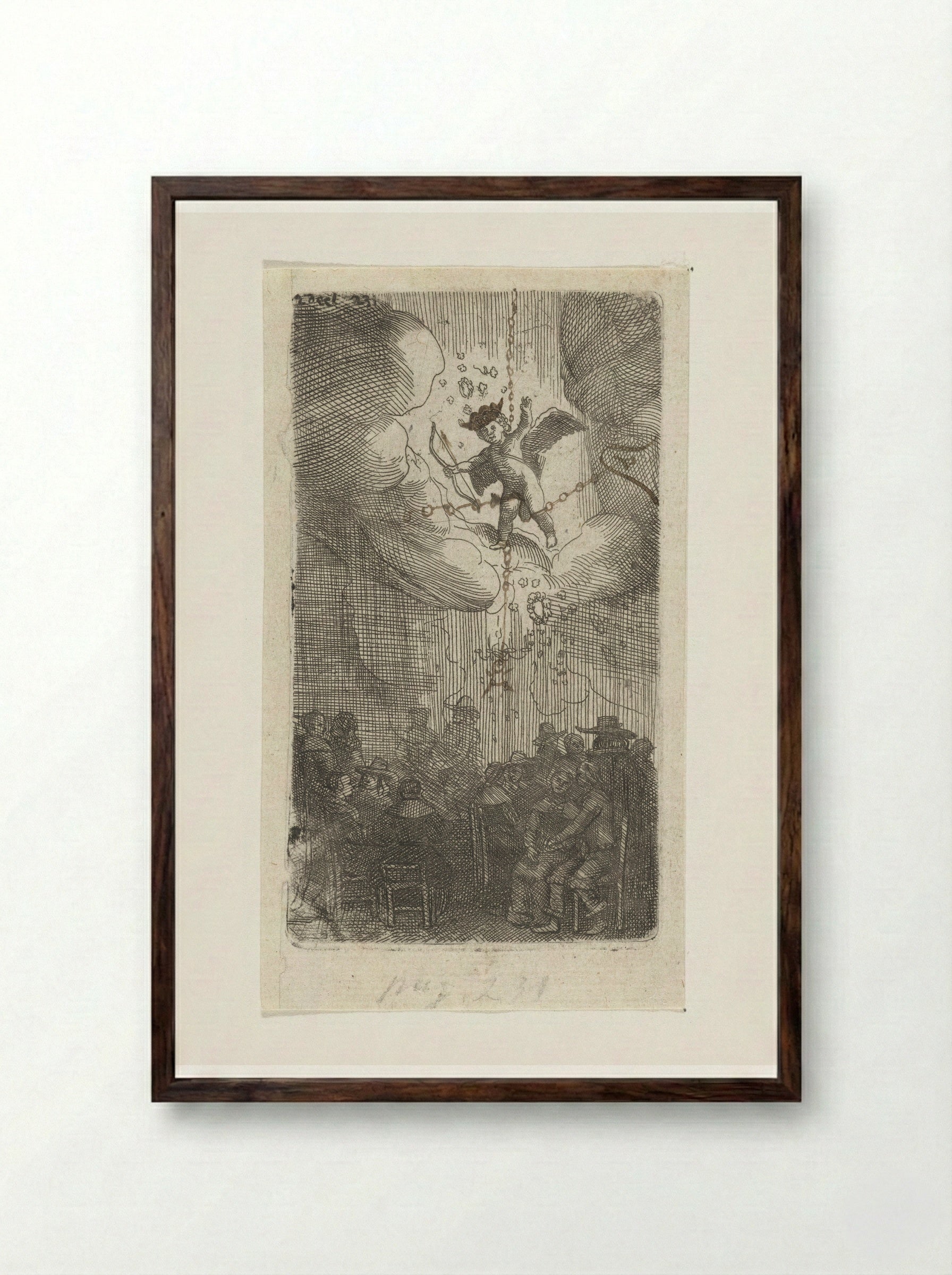 Sitting Couples Beneath Cupid in the Clouds - Samuel van Hoogstraten - Framed Print Dark Wood