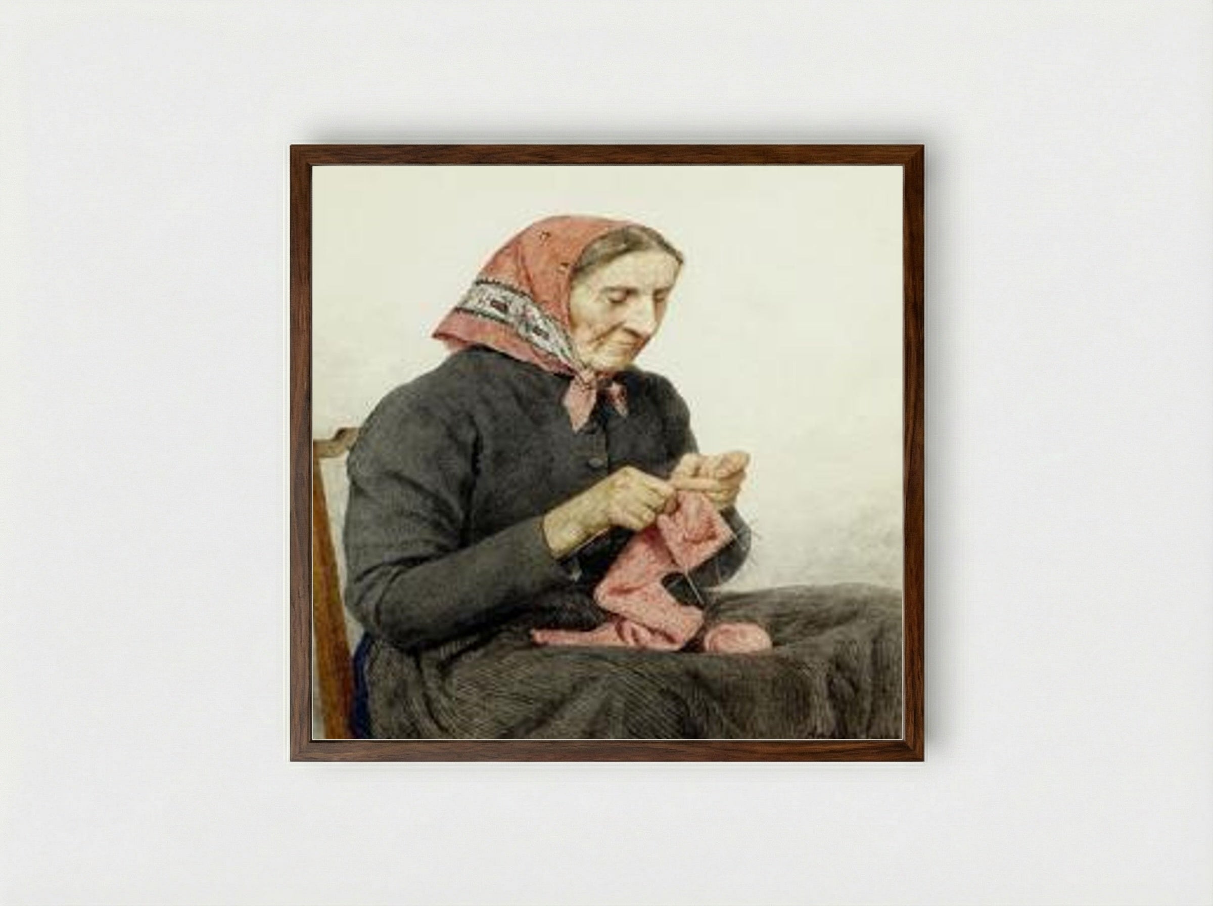 Sitzende Bäuerin beim Stricken - Albert Anker - Framed Print Dark Wood
