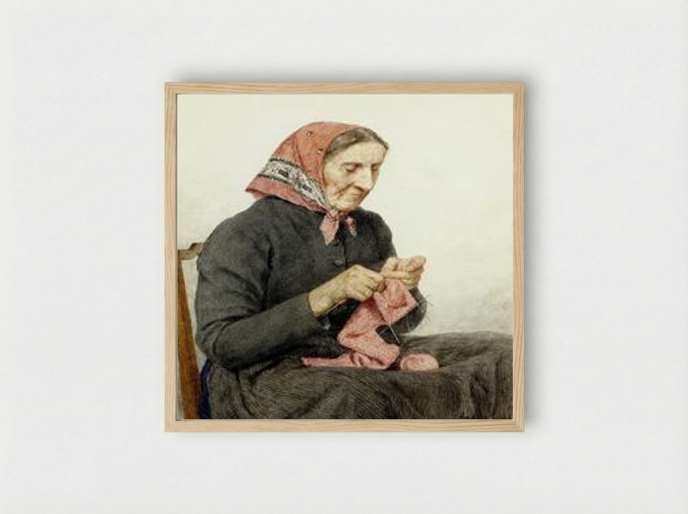 Sitzende Bäuerin beim Stricken - Albert Anker - Framed Print Wood