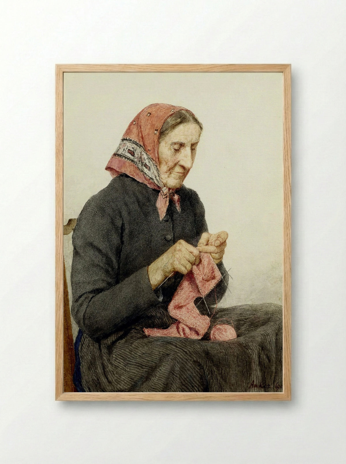 Sitzende Bäuerin beim Stricken - Albert Anker - Framed Print Wood