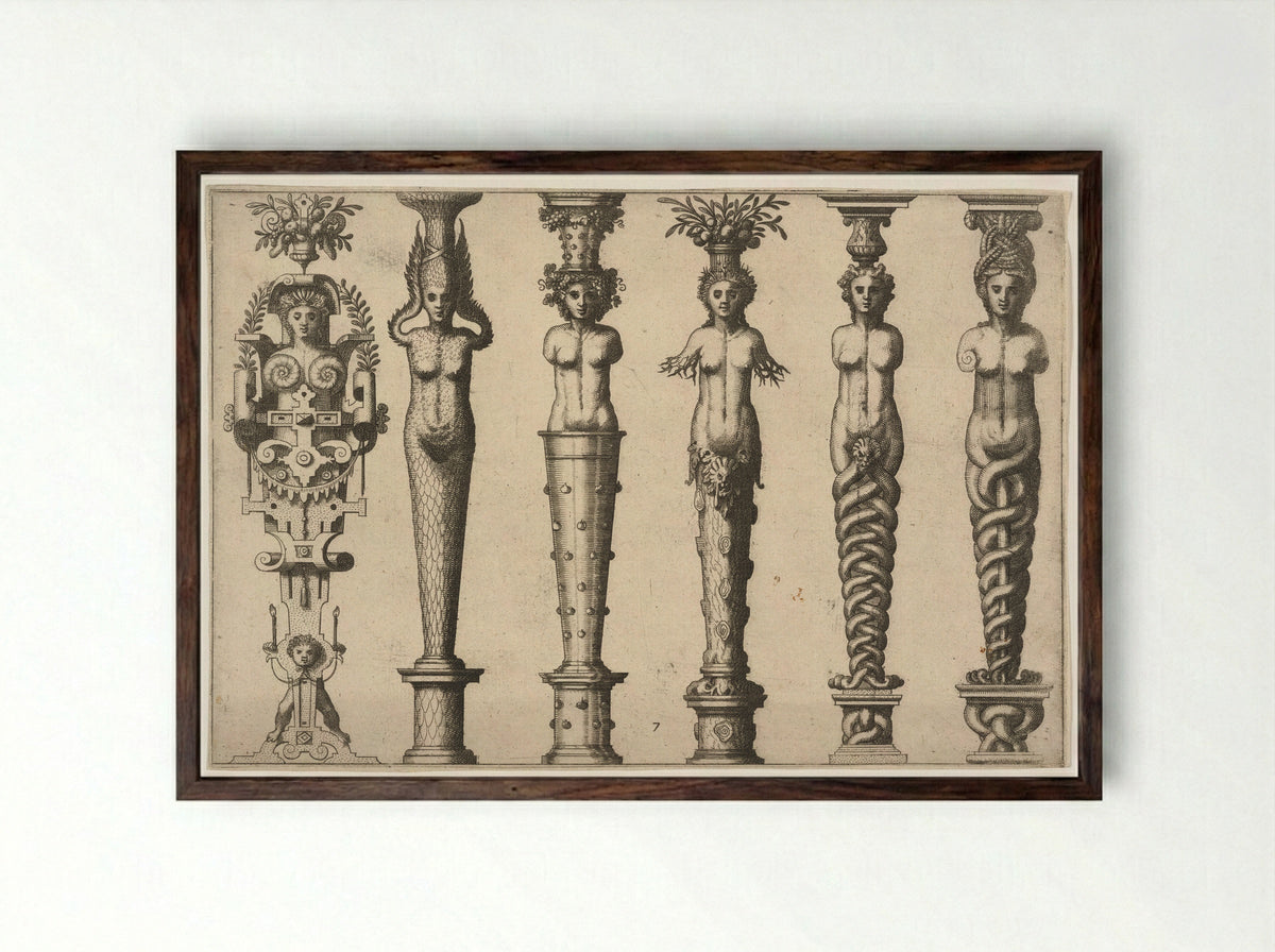Six Female Caryatids - Hans Vredeman de Vries - Framed Print Dark Wood