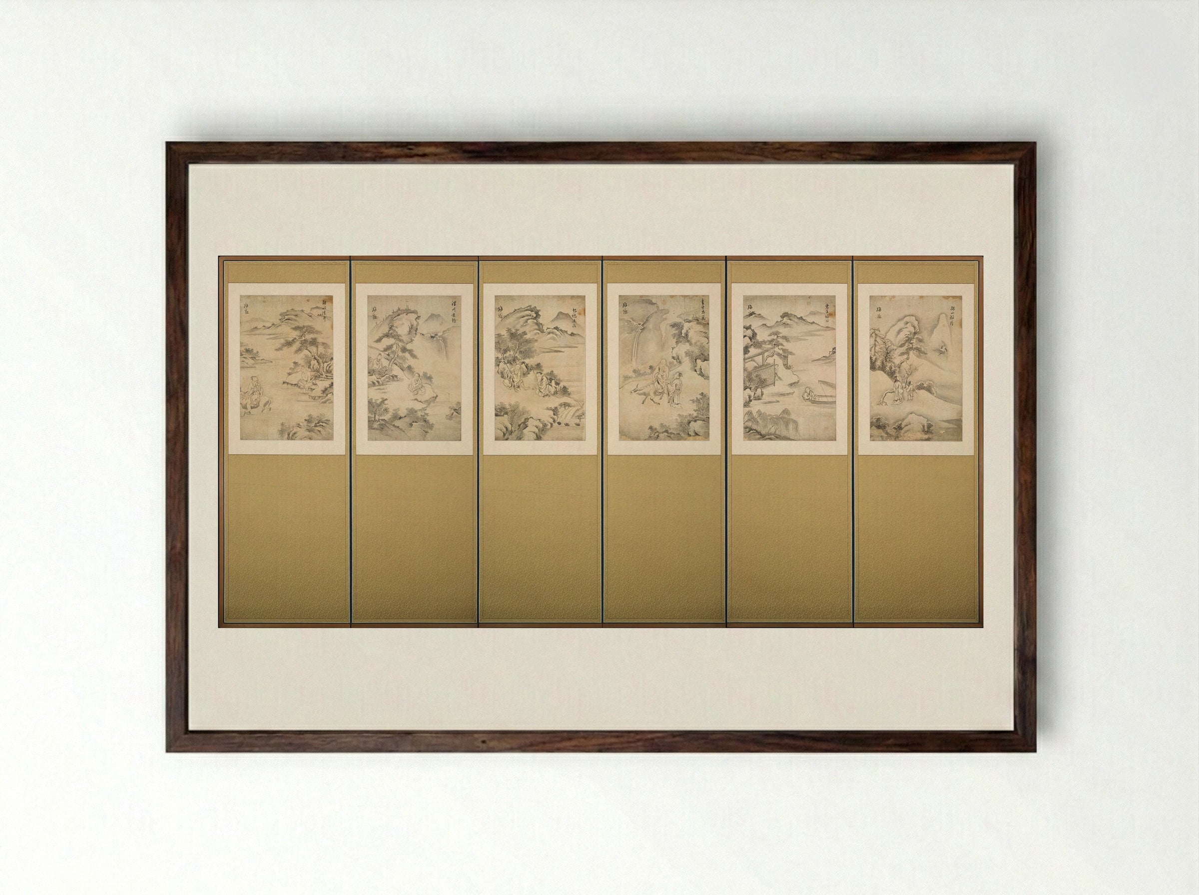 Six Legendary Chinese Sages in Landscapes - Chŏng Yusŭng - Framed Print Dark Wood