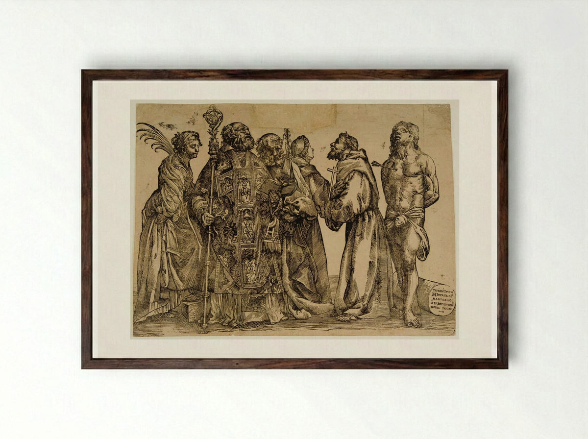 Six Saints (after Titian) - Andrea Andreani - Framed Print Dark Wood