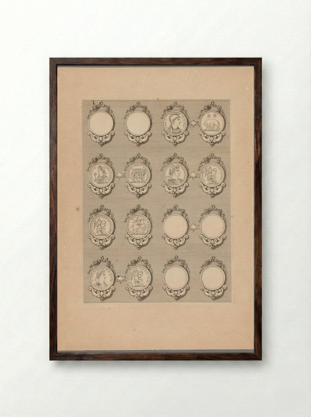 Sixteen Medals with Decorated Frames, Six Blank - Simon de la Boissière - Framed Print Dark Wood
