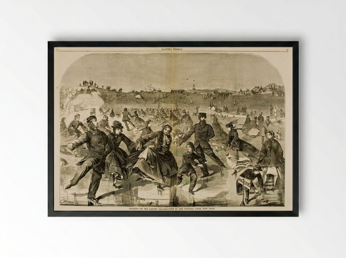 Skating on the Ladies' Skating Pond in Central Park, New York - Winslow Homer - Framed Print Black