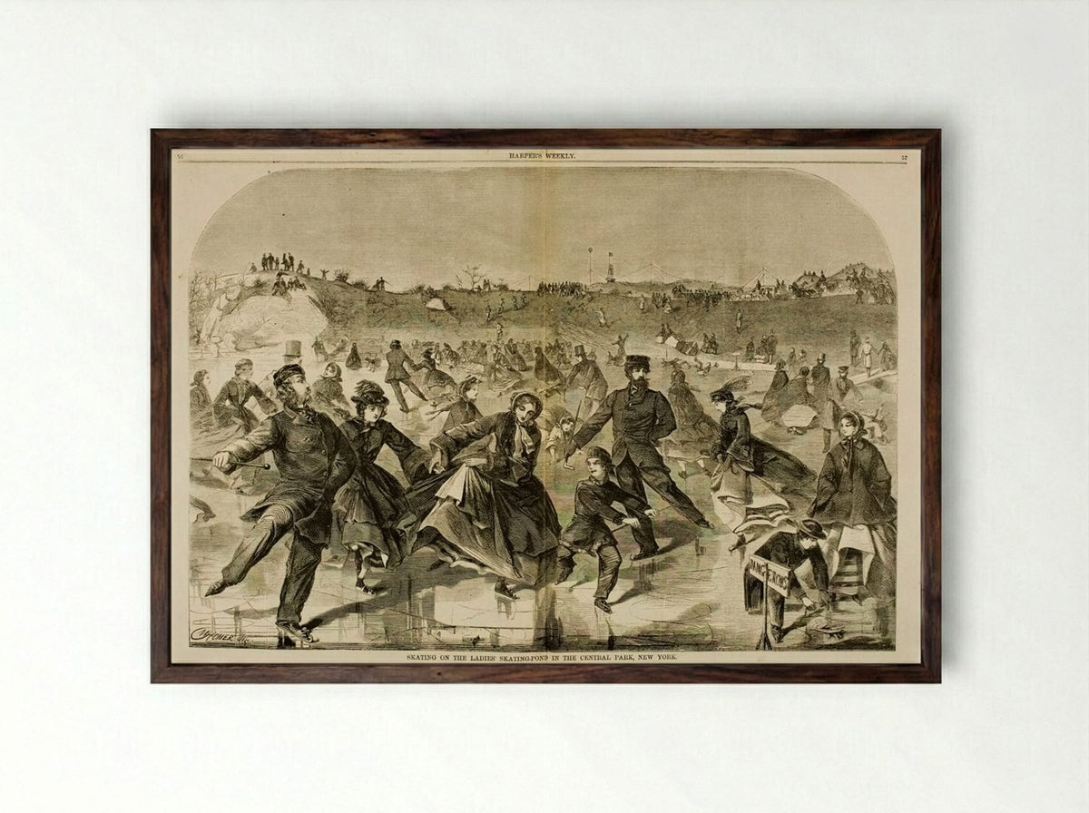Skating on the Ladies' Skating Pond in Central Park, New York - Winslow Homer - Framed Print Dark Wood
