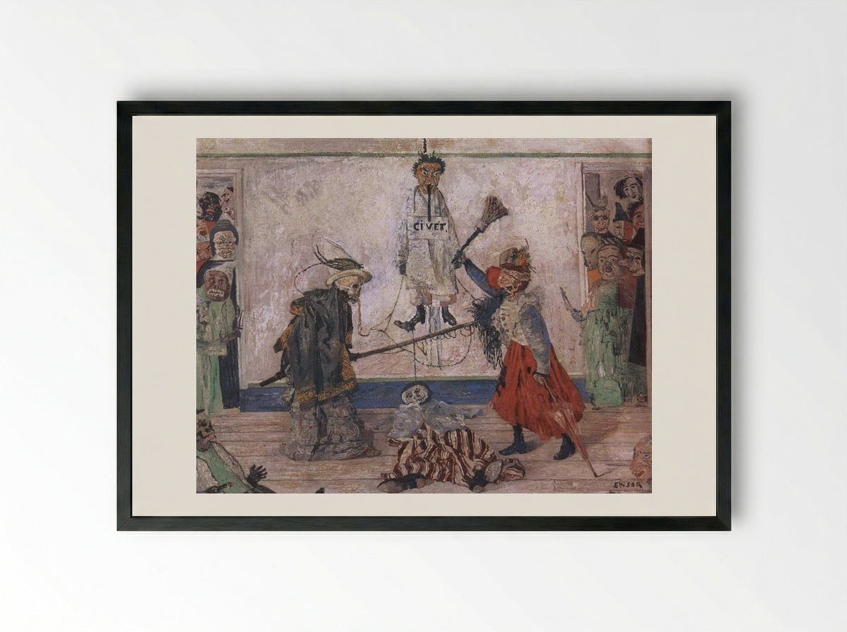 Skeletons Fighting over a Hanged Man - James Ensor - Framed Print Black