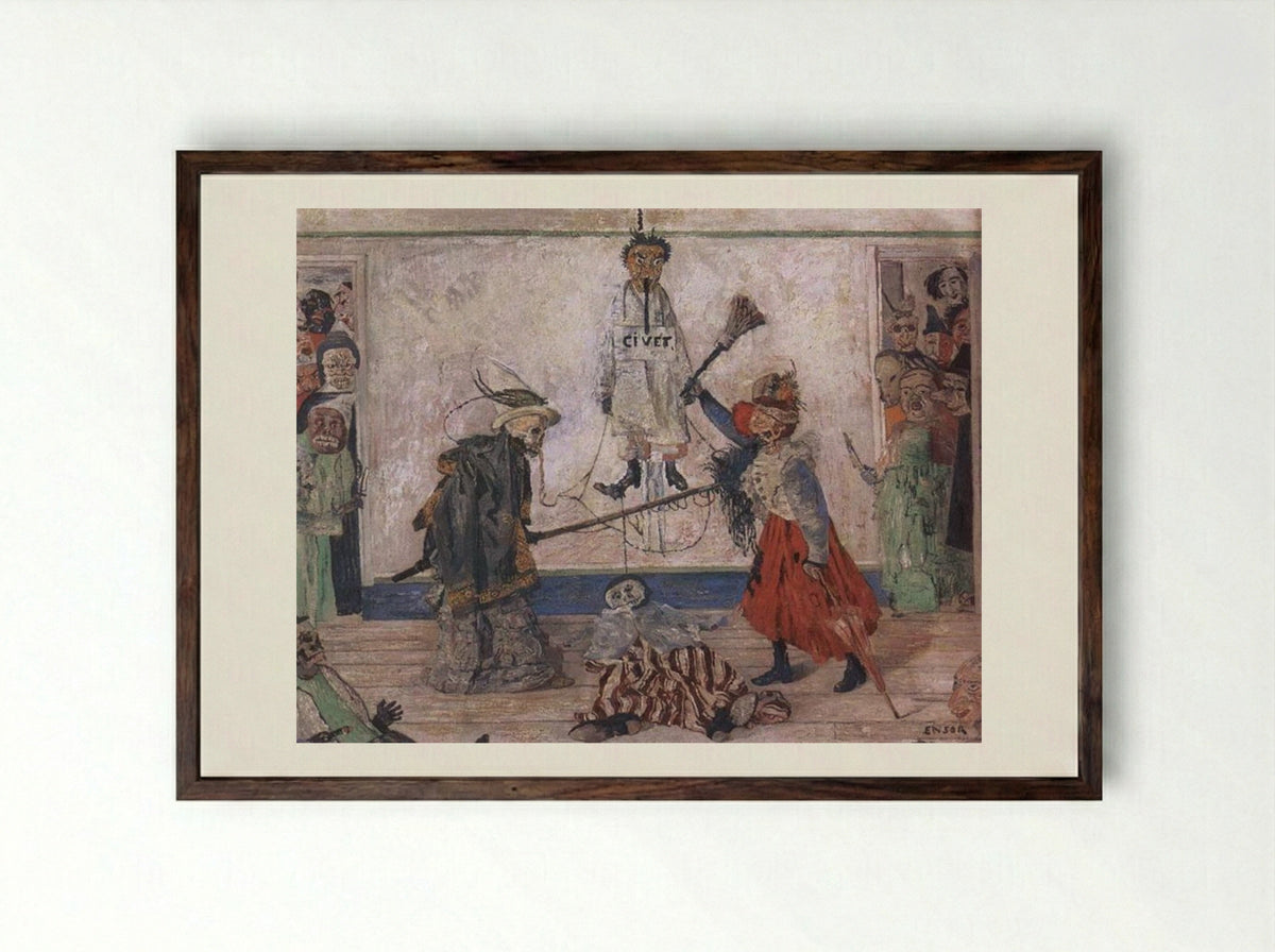 Skeletons Fighting over a Hanged Man - James Ensor - Framed Print Dark Wood