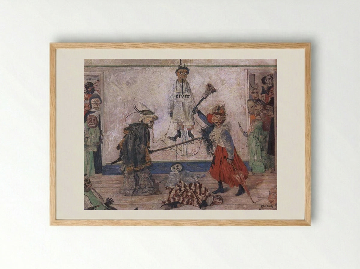 Skeletons Fighting over a Hanged Man - James Ensor - Framed Print Wood