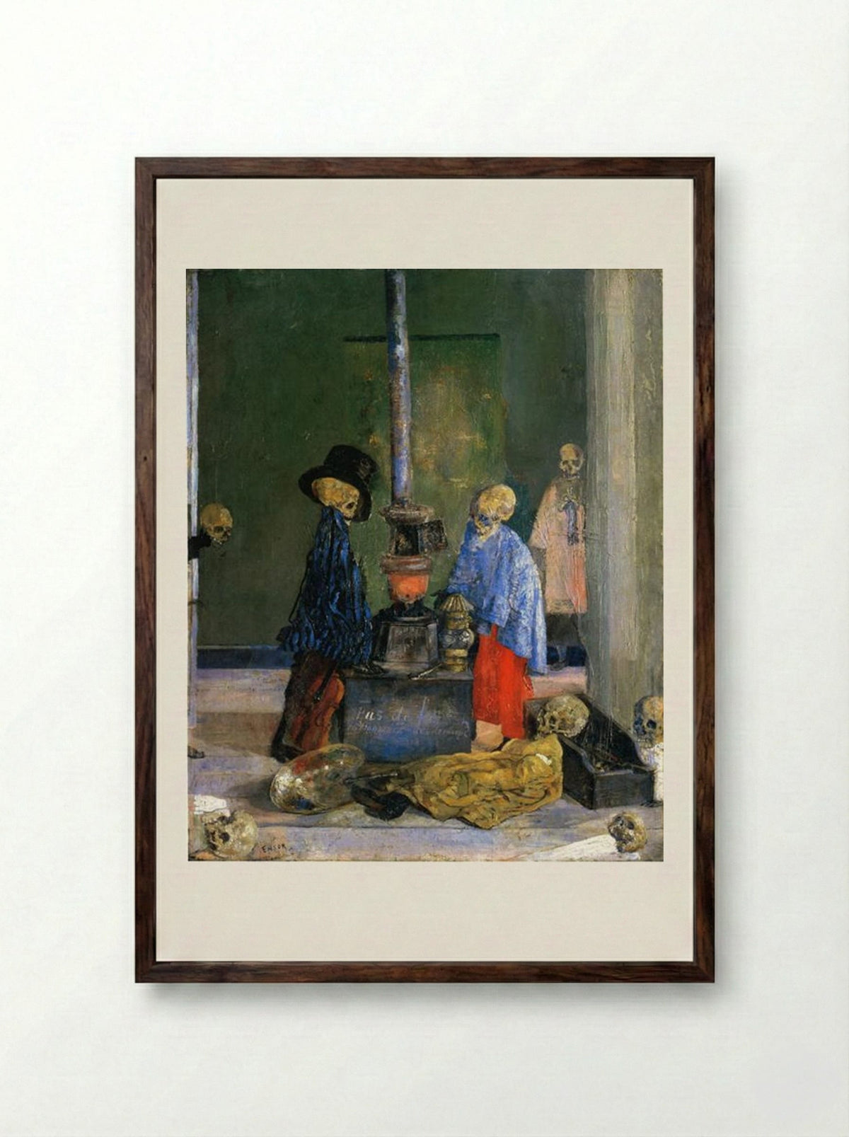 Skeletons Trying to Warm Themselves - James Ensor - Framed Print Dark Wood