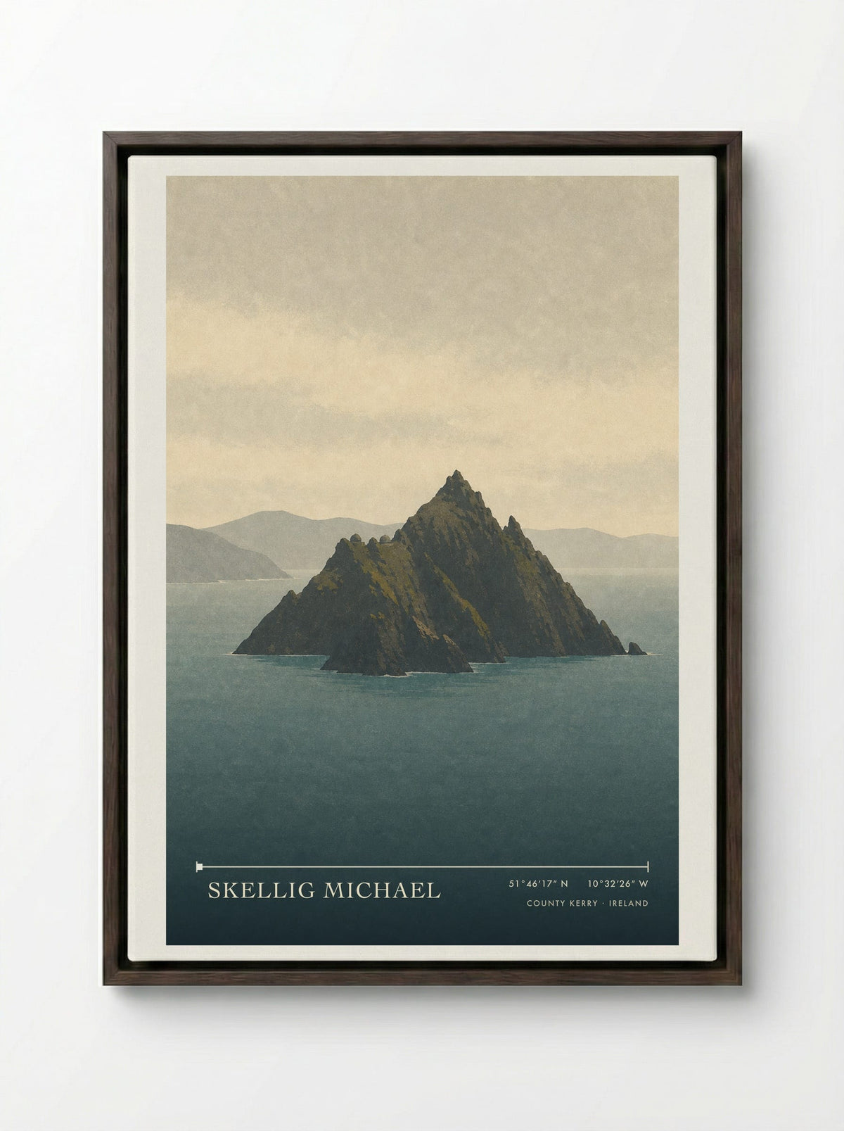 Skellig Michael Travel Poster Artwork - Framed Canvas Dark Wood