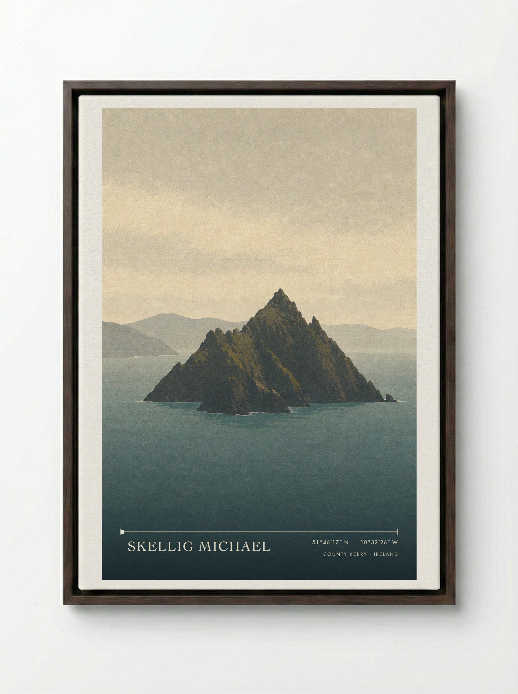 Skellig Michael Travel Poster Artwork - Framed Canvas Dark Wood