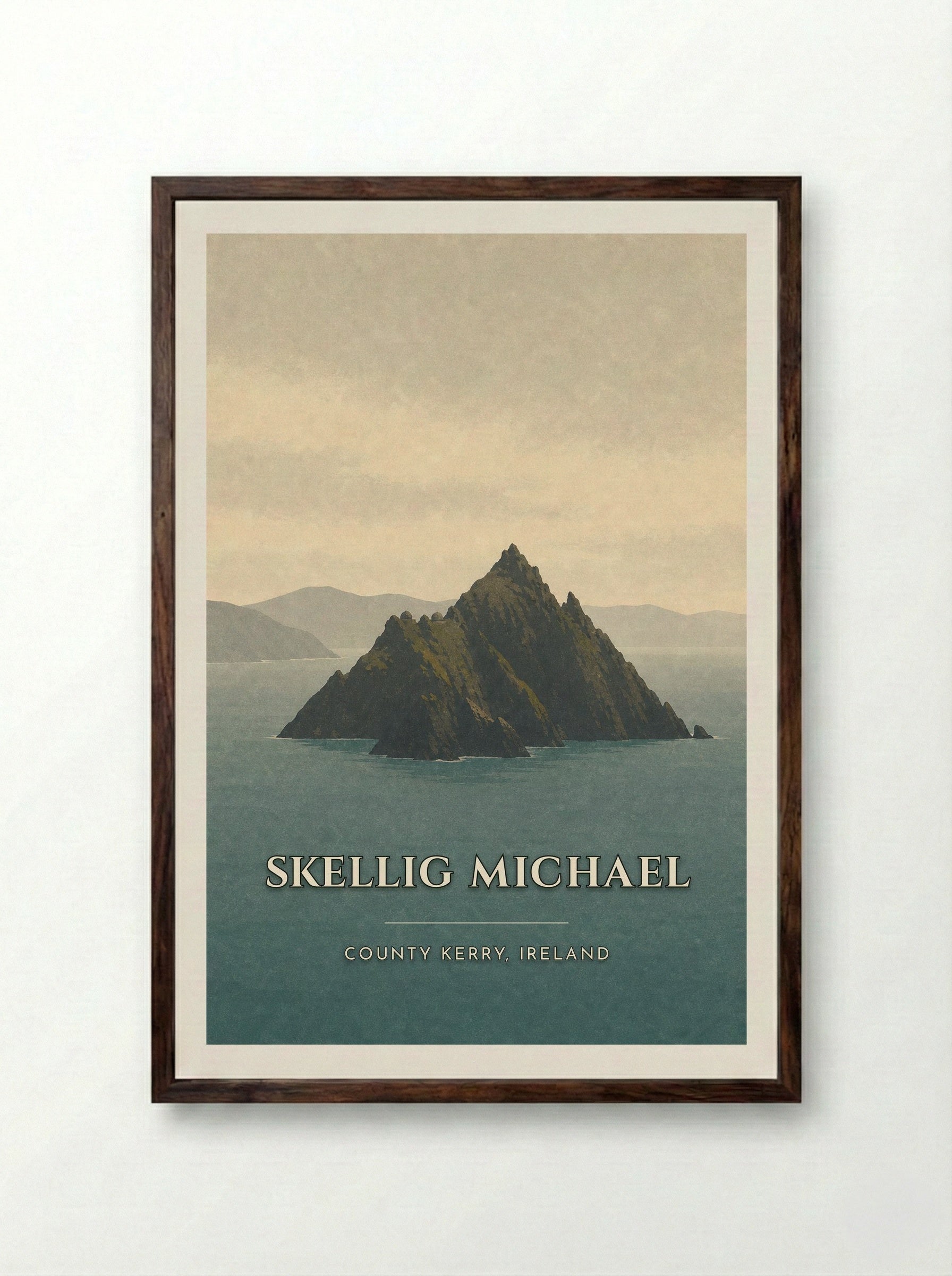 Skellig Michael Travel Poster Artwork - Framed Print Dark Wood