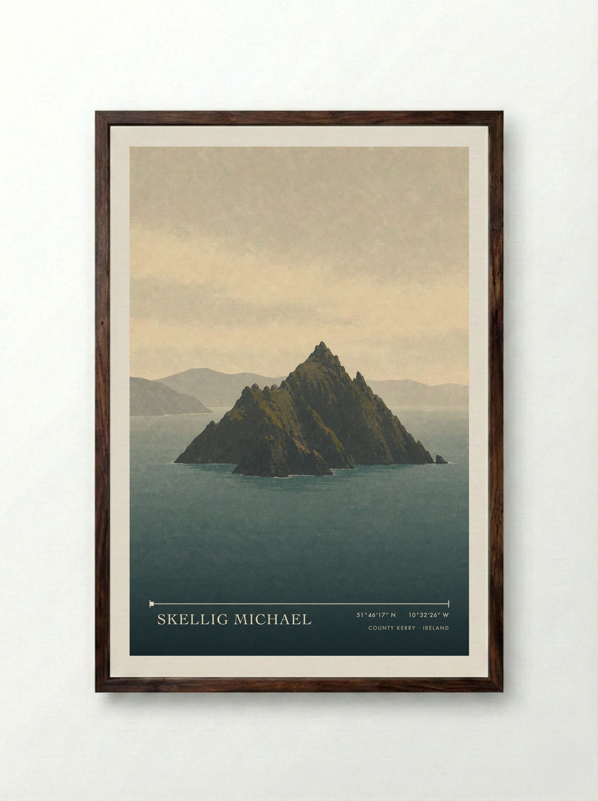 Skellig Michael Travel Poster Artwork - Framed Print Dark Wood