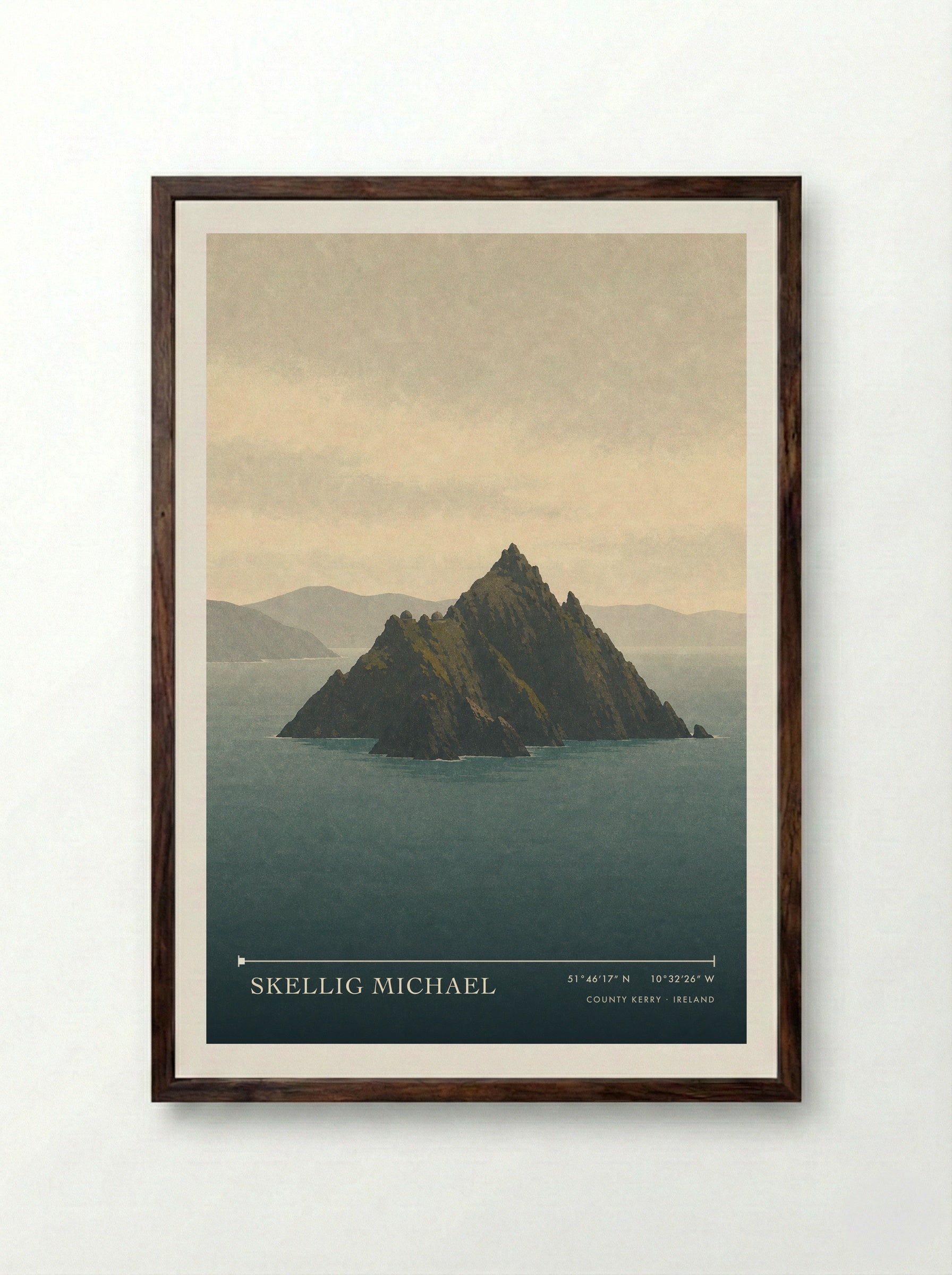 Skellig Michael Travel Poster Artwork - Framed Print Dark Wood