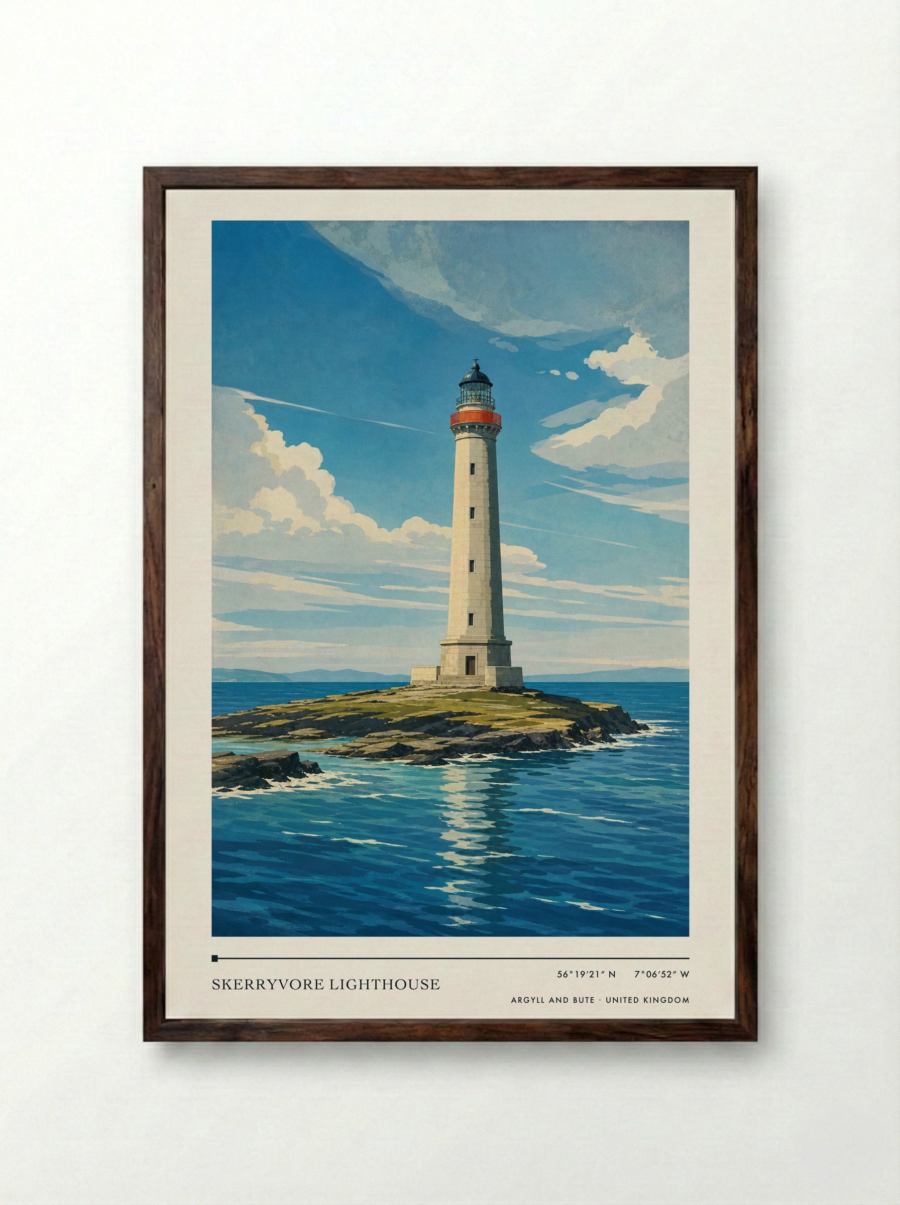 Skerryvore Lighthouse Argyll and Bute United Kingdom Travel Poster - Framed Print Dark Wood