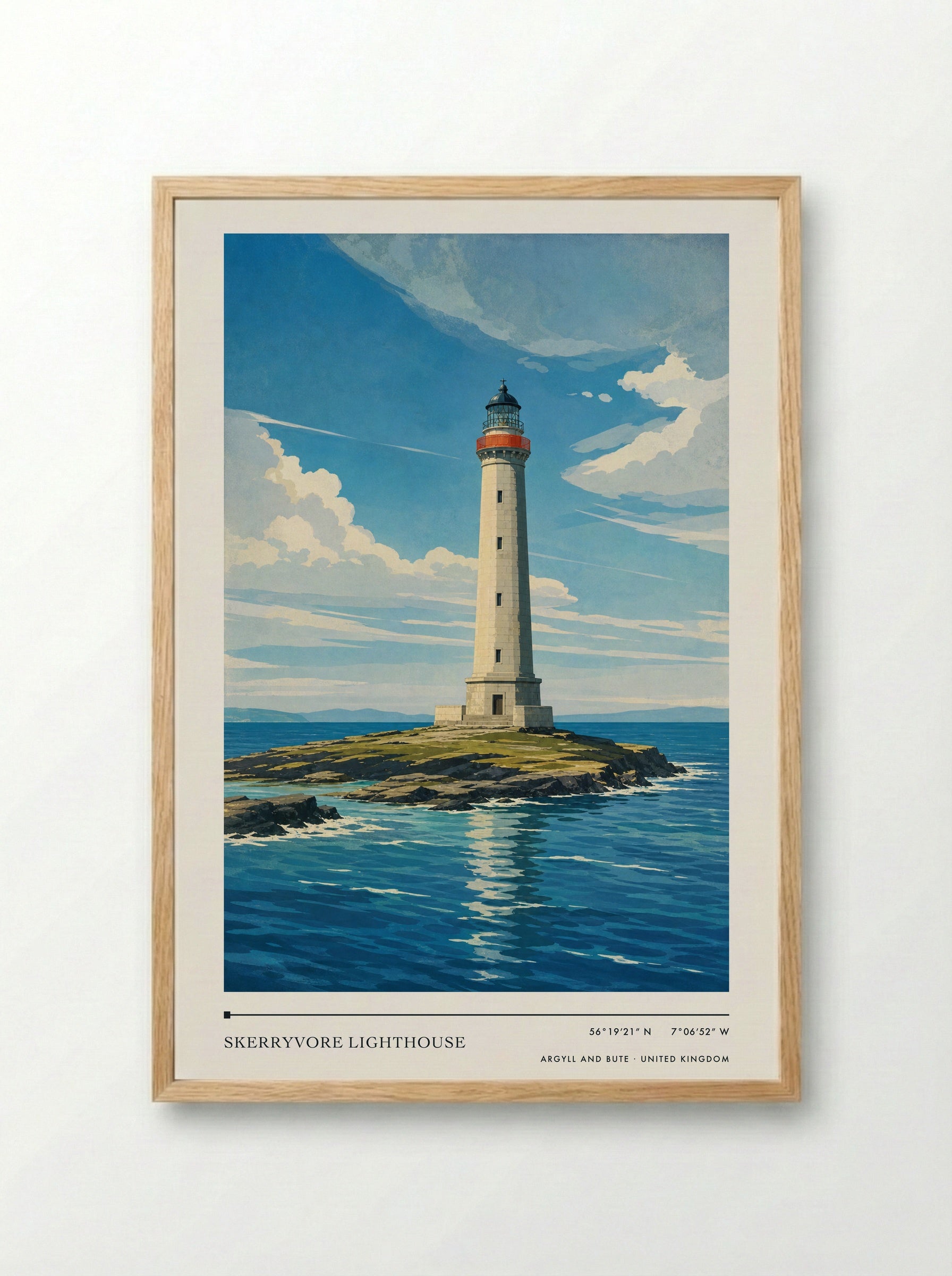Skerryvore Lighthouse Argyll and Bute United Kingdom Travel Poster - Framed Print Wood