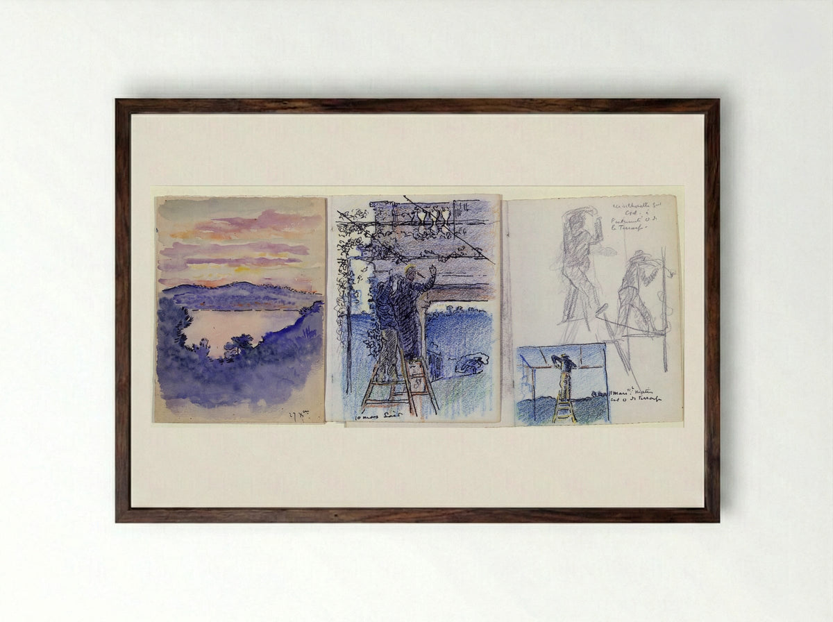 Sketchbook Pages (Studies of Figures and Coastal View) - Henri-Edmond Cross - Framed Print Dark Wood