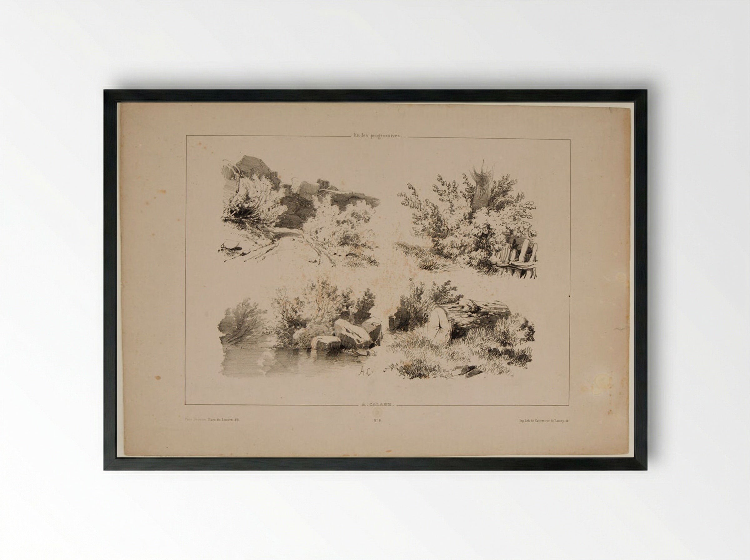 Sketches of a Path, a Fence, a Shoreline, and a Log - Alexandre Calame - Framed Print Black