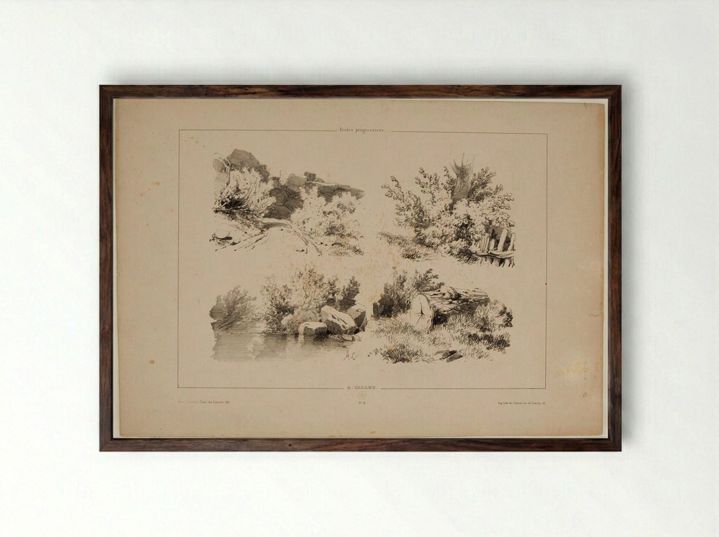 Sketches of a Path, a Fence, a Shoreline, and a Log - Alexandre Calame - Framed Print Dark Wood