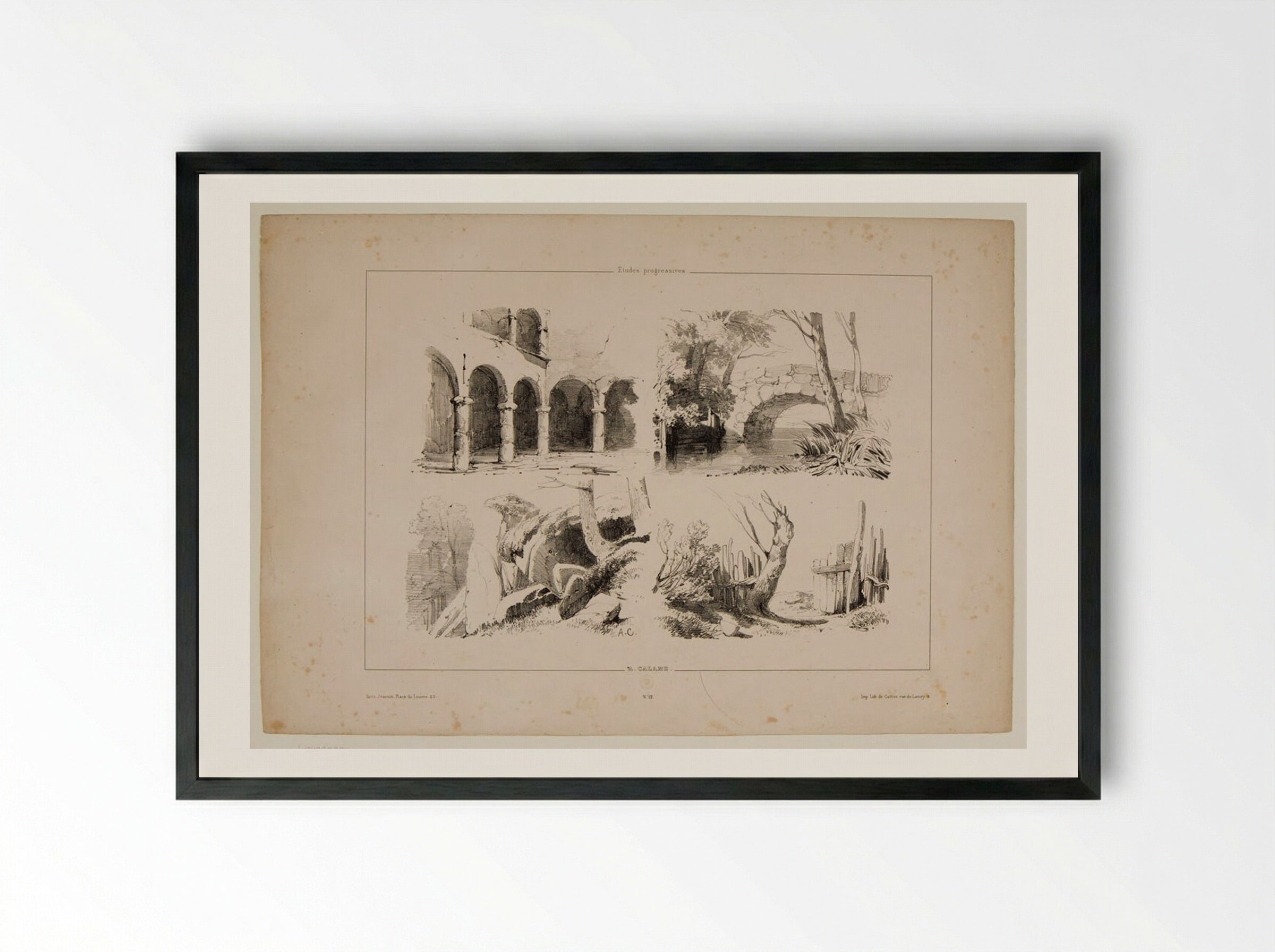 Sketches of an Arcade, a Bridge, Mossy Rocks, and a Fence - Alexandre Calame - Framed Print Black