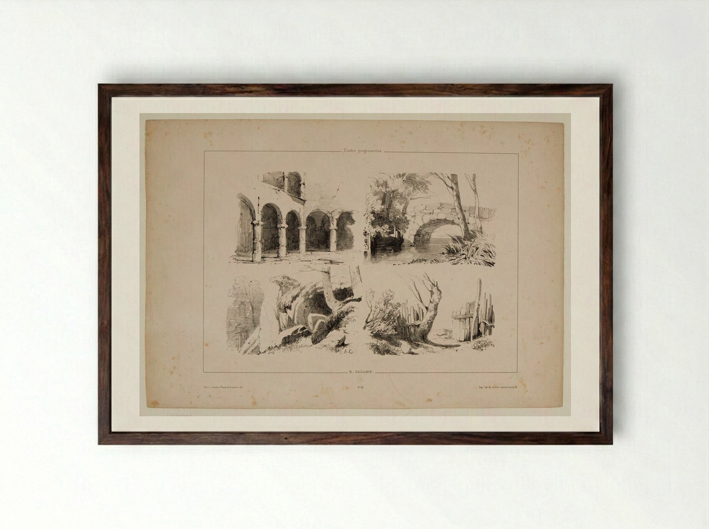 Sketches of an Arcade, a Bridge, Mossy Rocks, and a Fence - Alexandre Calame - Framed Print Dark Wood