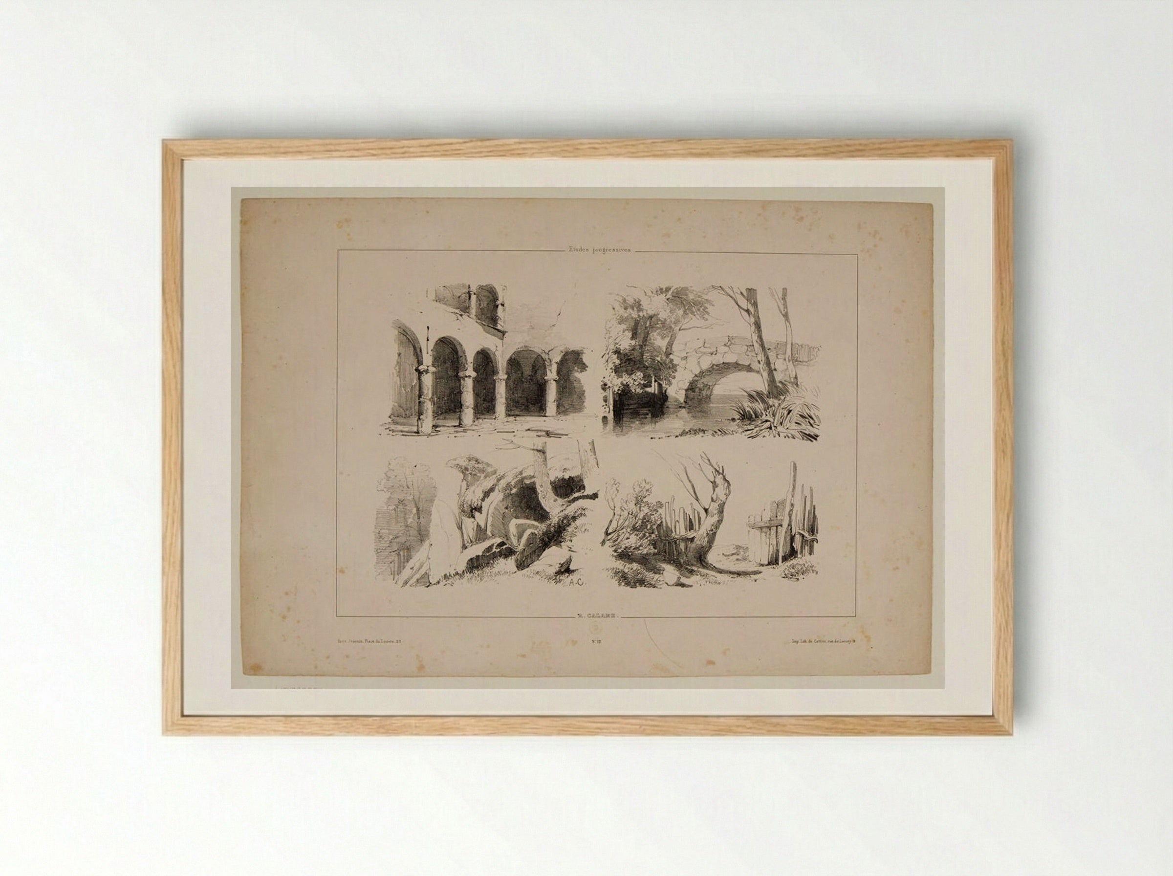 Sketches of an Arcade, a Bridge, Mossy Rocks, and a Fence - Alexandre Calame - Framed Print Wood