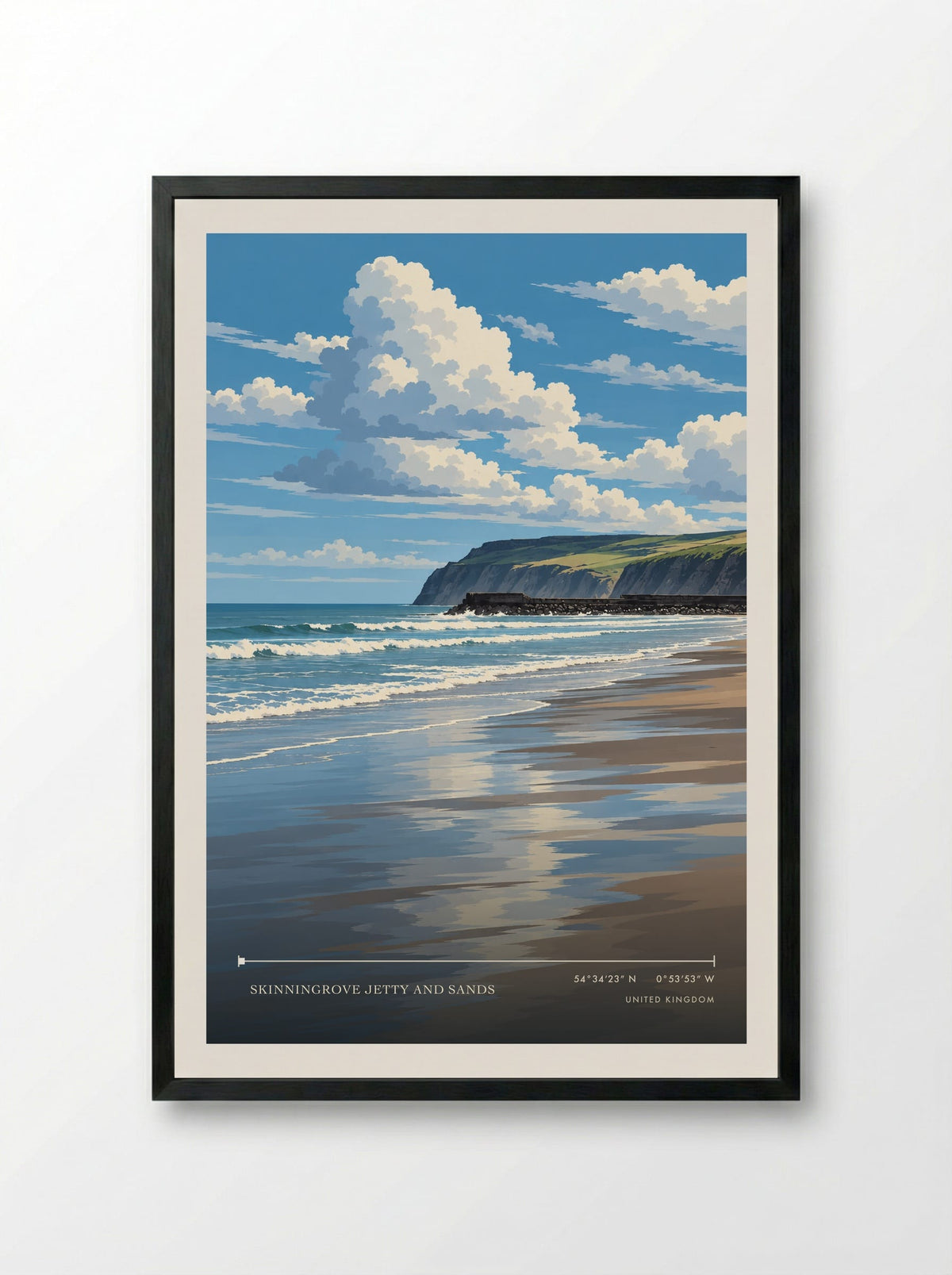 Skinningrove Jetty and Sands | Travel Poster - Framed Print Black
