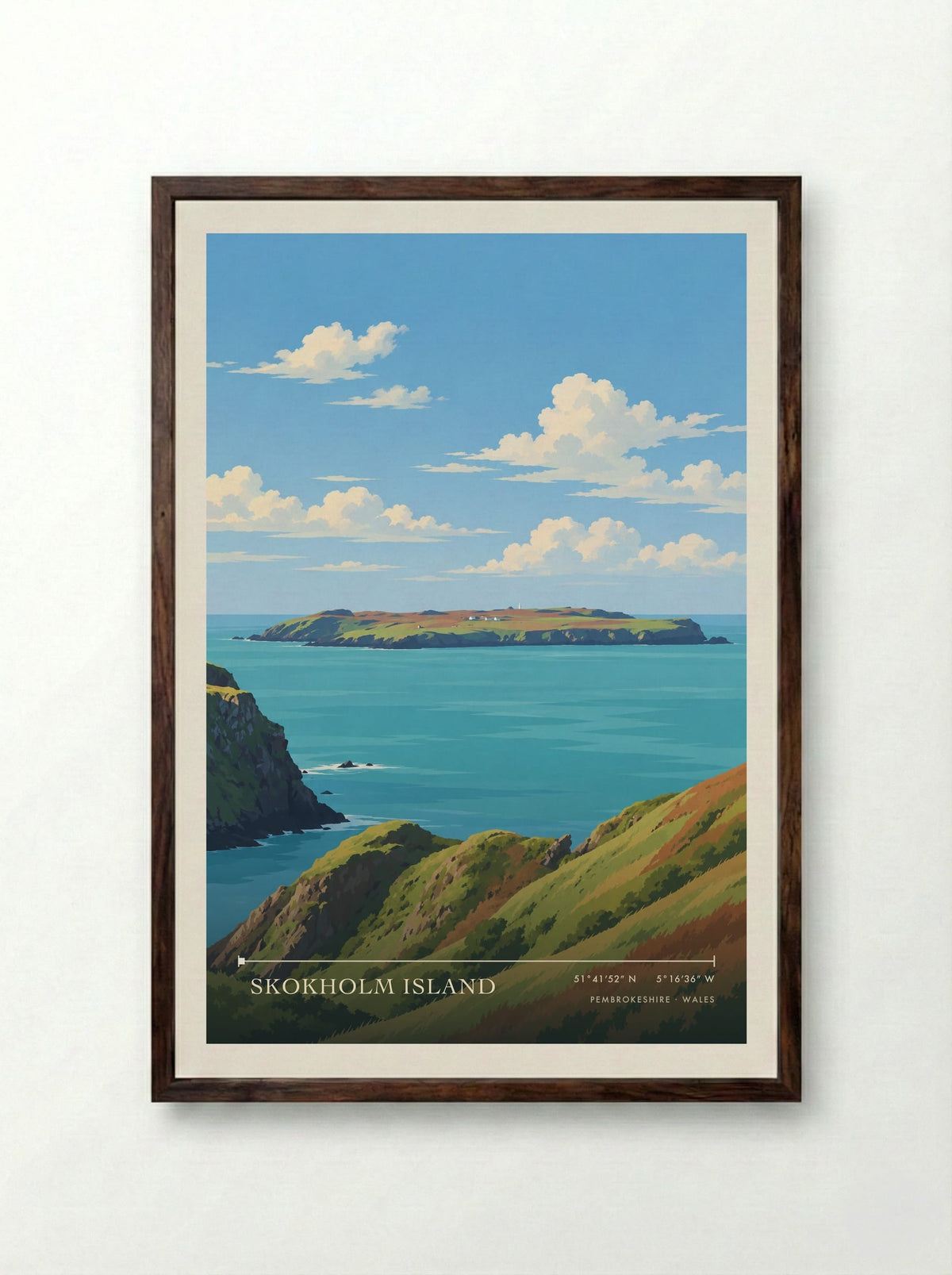 Skokholm Island, Pembrokeshire | Travel Poster - Framed Print Dark Wood