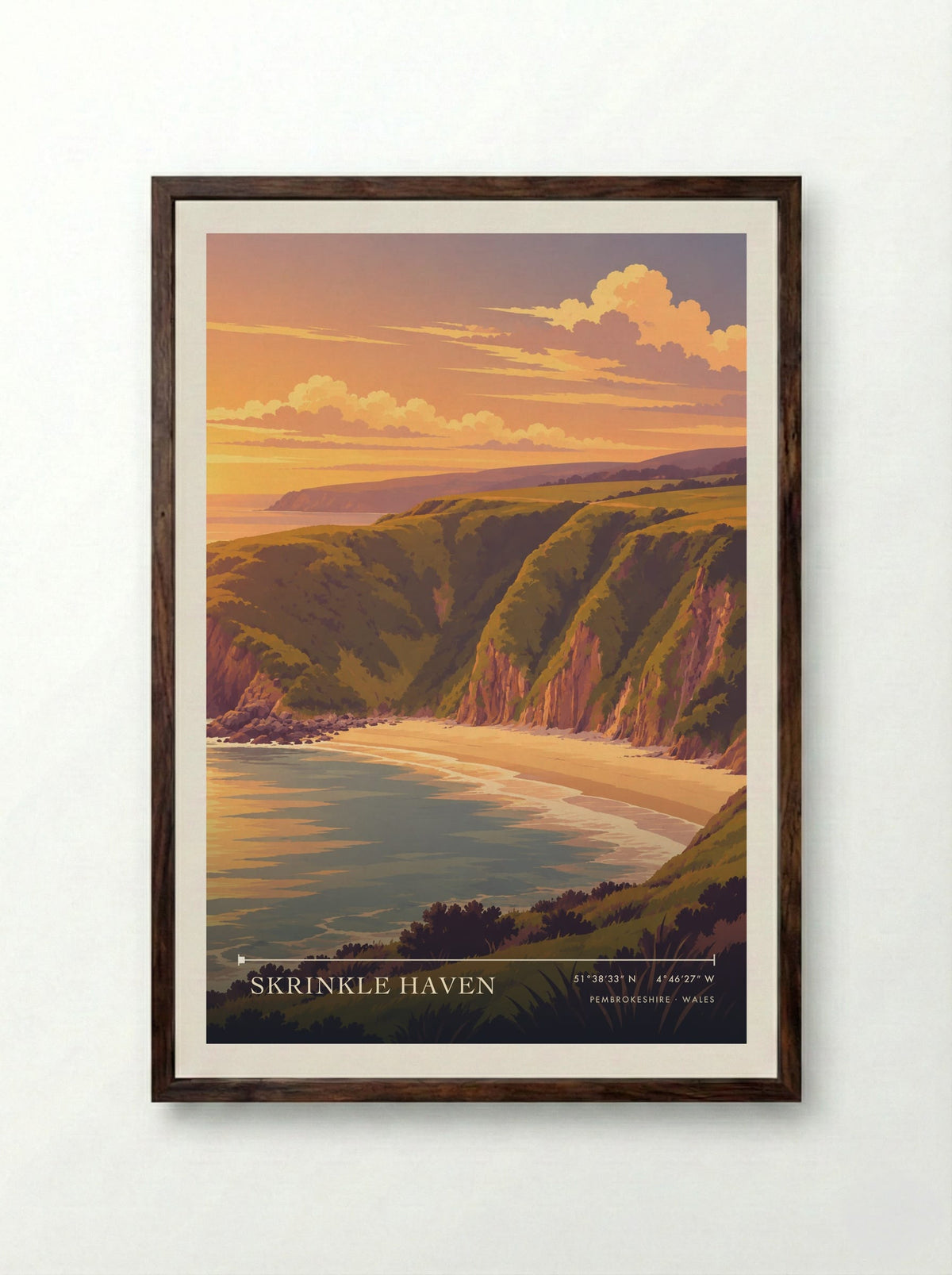 Skrinkle Haven, Pembrokeshire | Travel Poster - Framed Print Dark Wood