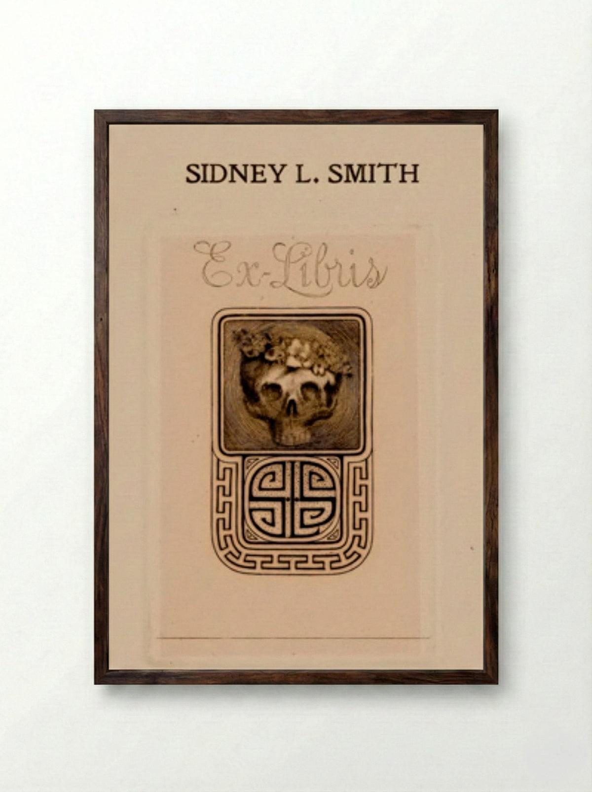 Skull with Flowers (Ex Libris) - Sidney L. Smith - Framed Print Dark Wood