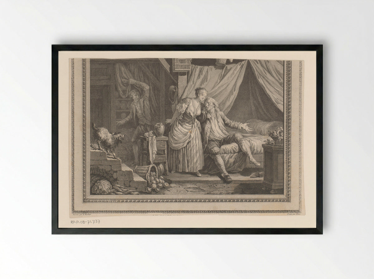 Slaapkamer met echtpaar en stiekem vertrekkende minnaar - Nicolas Ponce - Framed Print Black