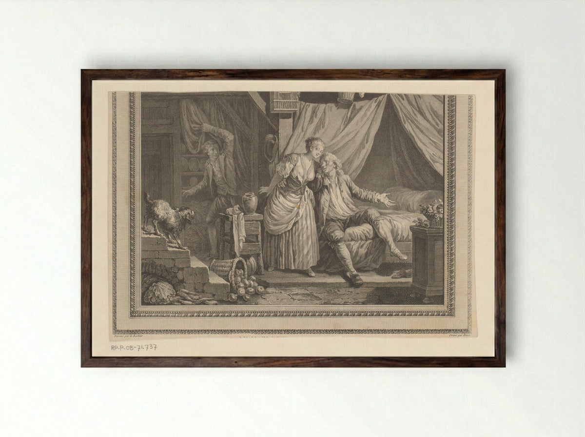 Slaapkamer met echtpaar en stiekem vertrekkende minnaar - Nicolas Ponce - Framed Print Dark Wood