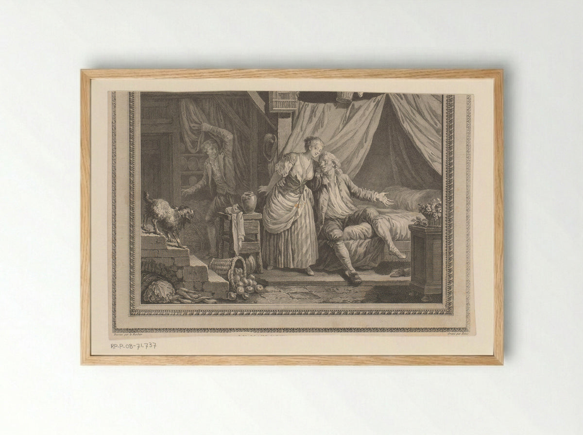 Slaapkamer met echtpaar en stiekem vertrekkende minnaar - Nicolas Ponce - Framed Print Wood