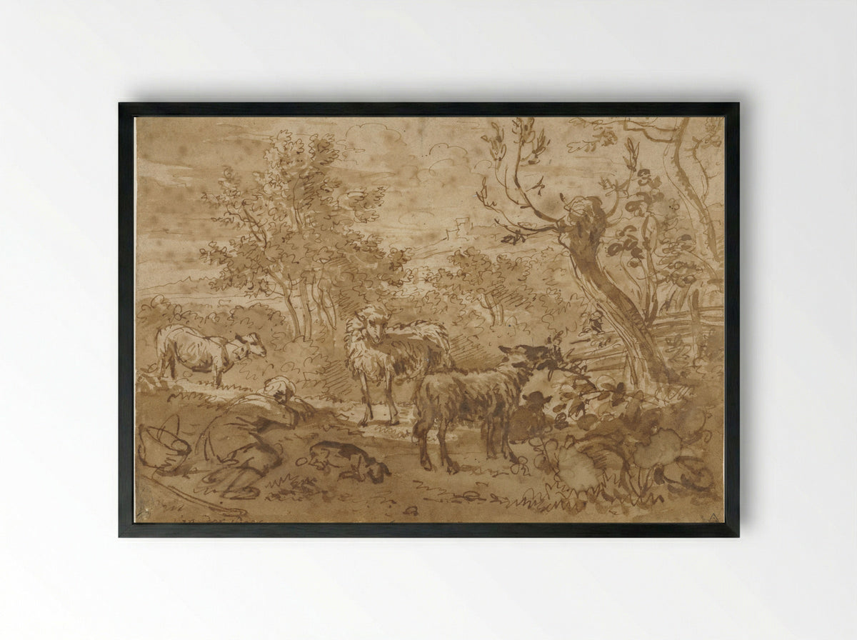 Slapende herder met vier schapen - Simon van der Does - Framed Print Black