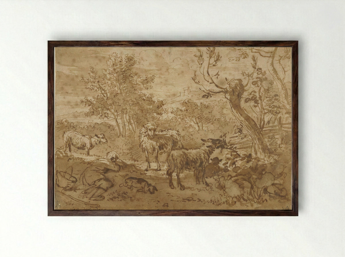 Slapende herder met vier schapen - Simon van der Does - Framed Print Dark Wood