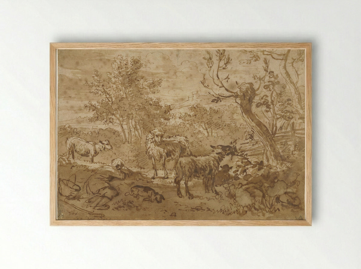 Slapende herder met vier schapen - Simon van der Does - Framed Print Wood