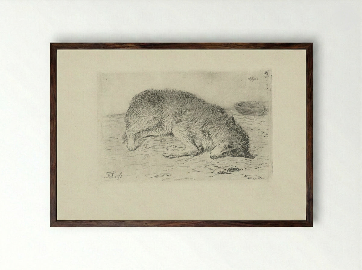 Slapende hond (Sleeping Dog) - Fine Art Print - Framed Print Dark Wood