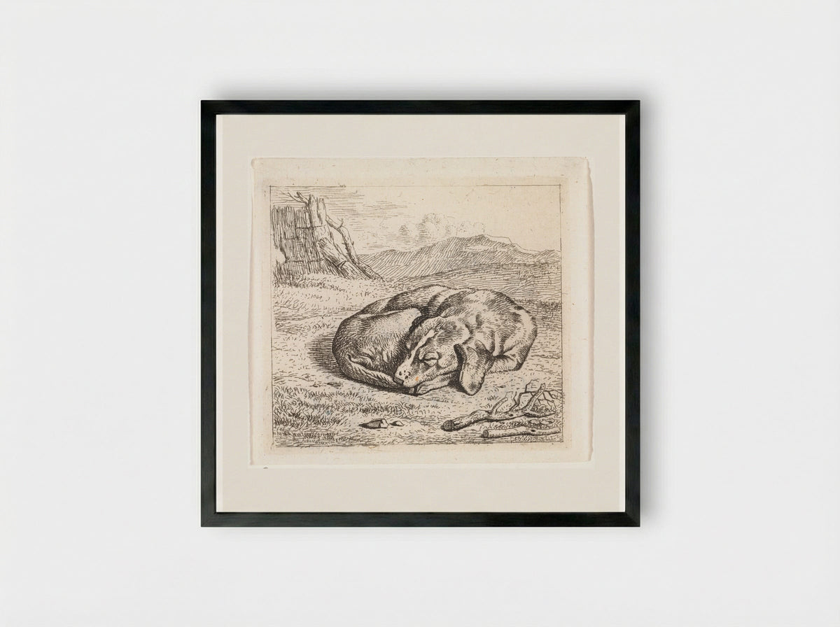 Slapende hond in landschap - Wouter Johannes van Troostwijk - Framed Print Black